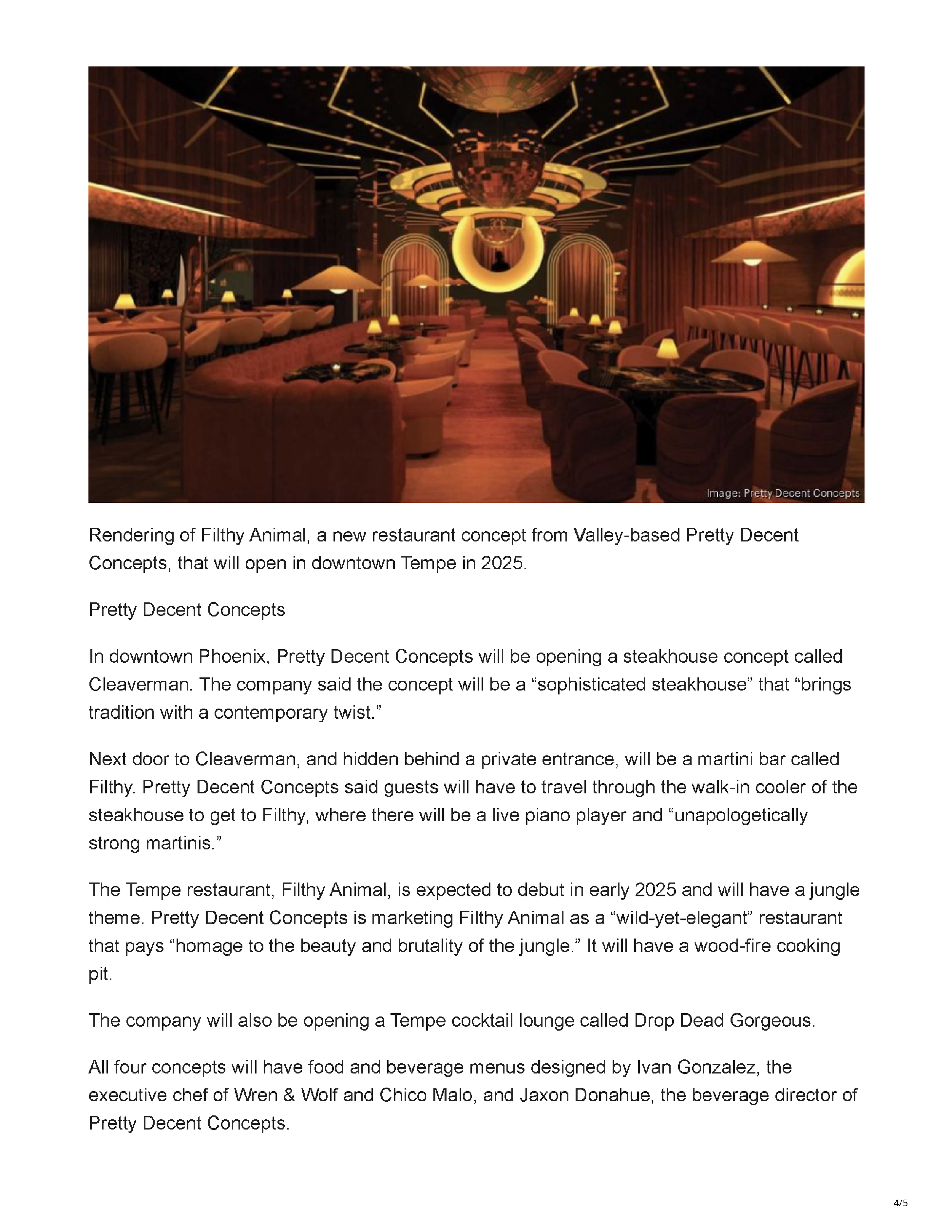Phoenix Business Journal article page detailing Pretty Decent Concepts’ planned restaurant and bar concepts in Tempe and Downtown Phoenix, page 4.