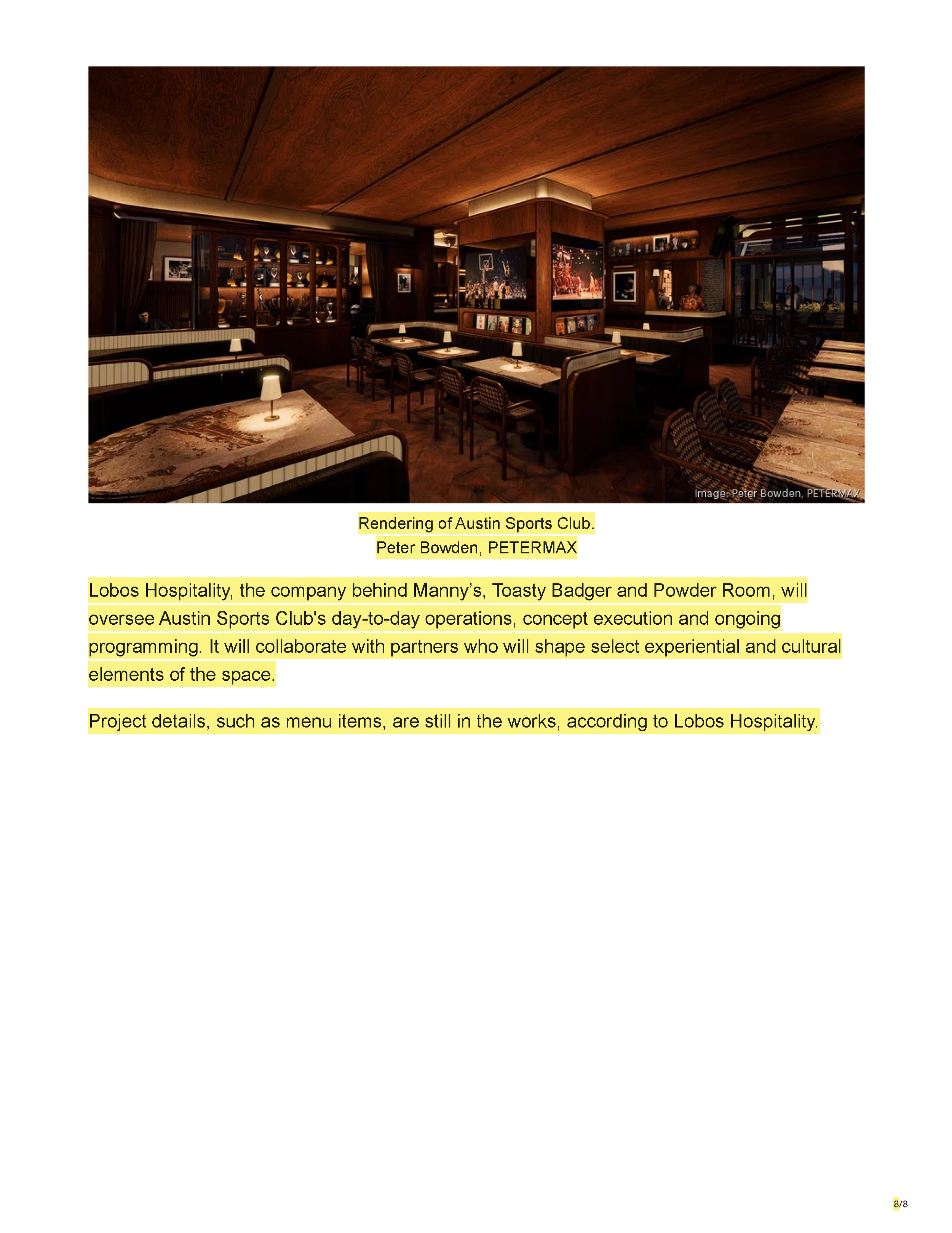 Austin Business Journal article introducing Austin Sports Club, a Kevin Durant-backed downtown Austin restaurant and social club planned for 215 Brazos Street, page 8.
