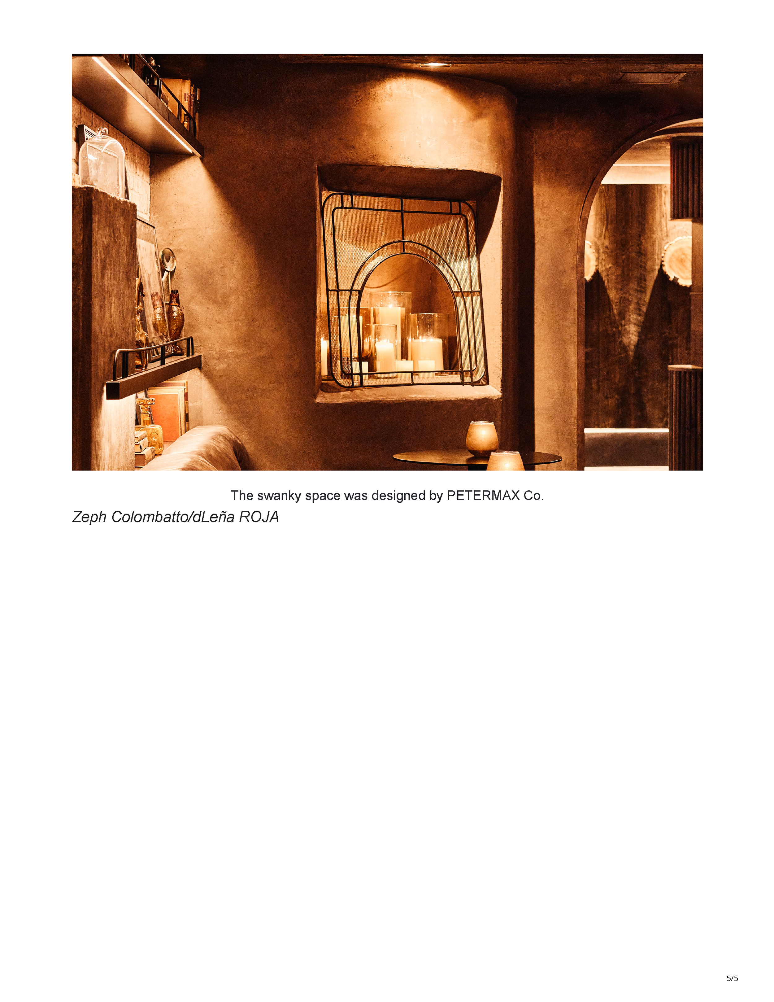 Final page of the Eater DC feature showing a candlelit arched niche inside dLeña ROJA and identifying PETERMAX Co. as the lounge’s designer.