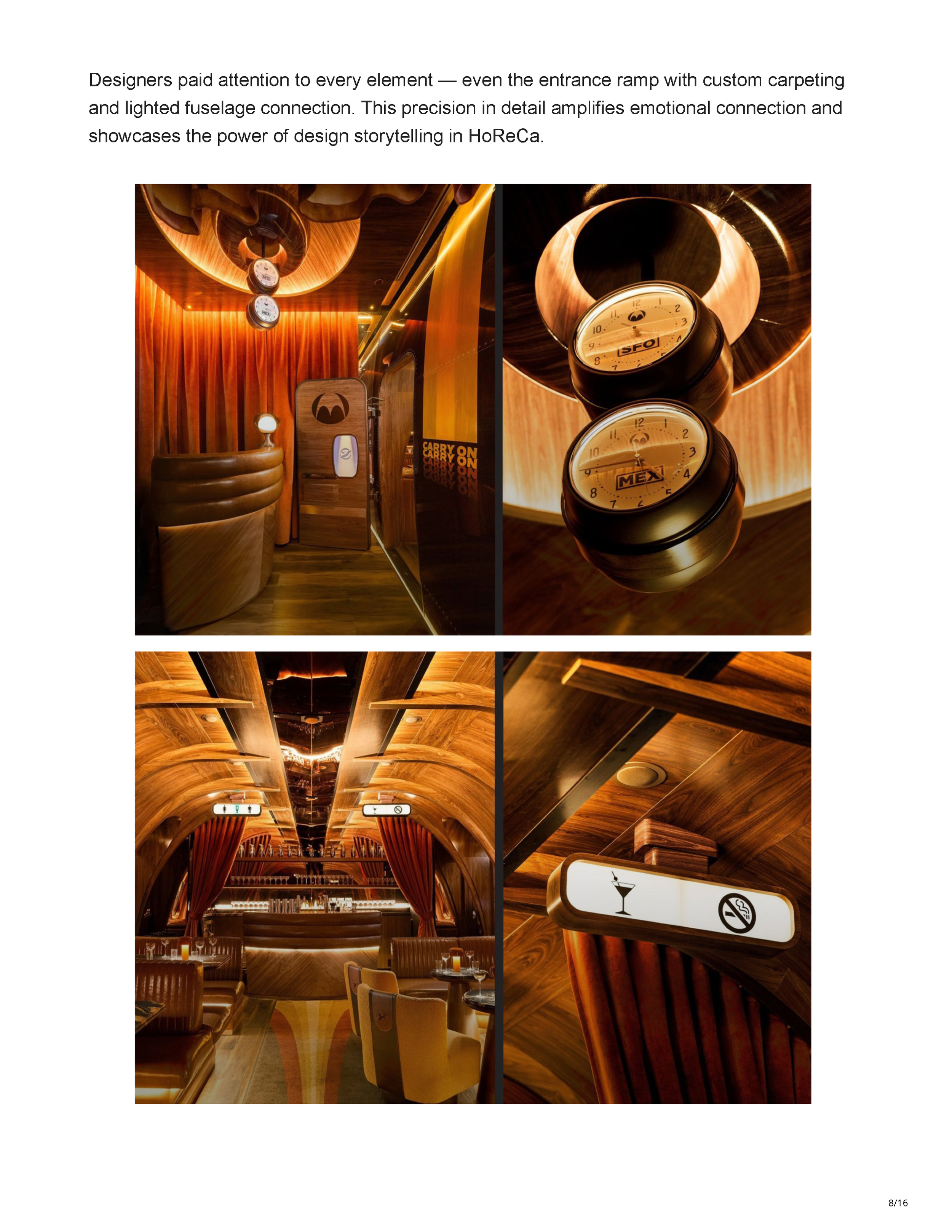 HoReCa Furniture feature on Peter Bowden’s Carry On bar design in Phoenix, exploring its retro-futurist aviation concept, materials, lighting, technology, and custom interior details, page 8