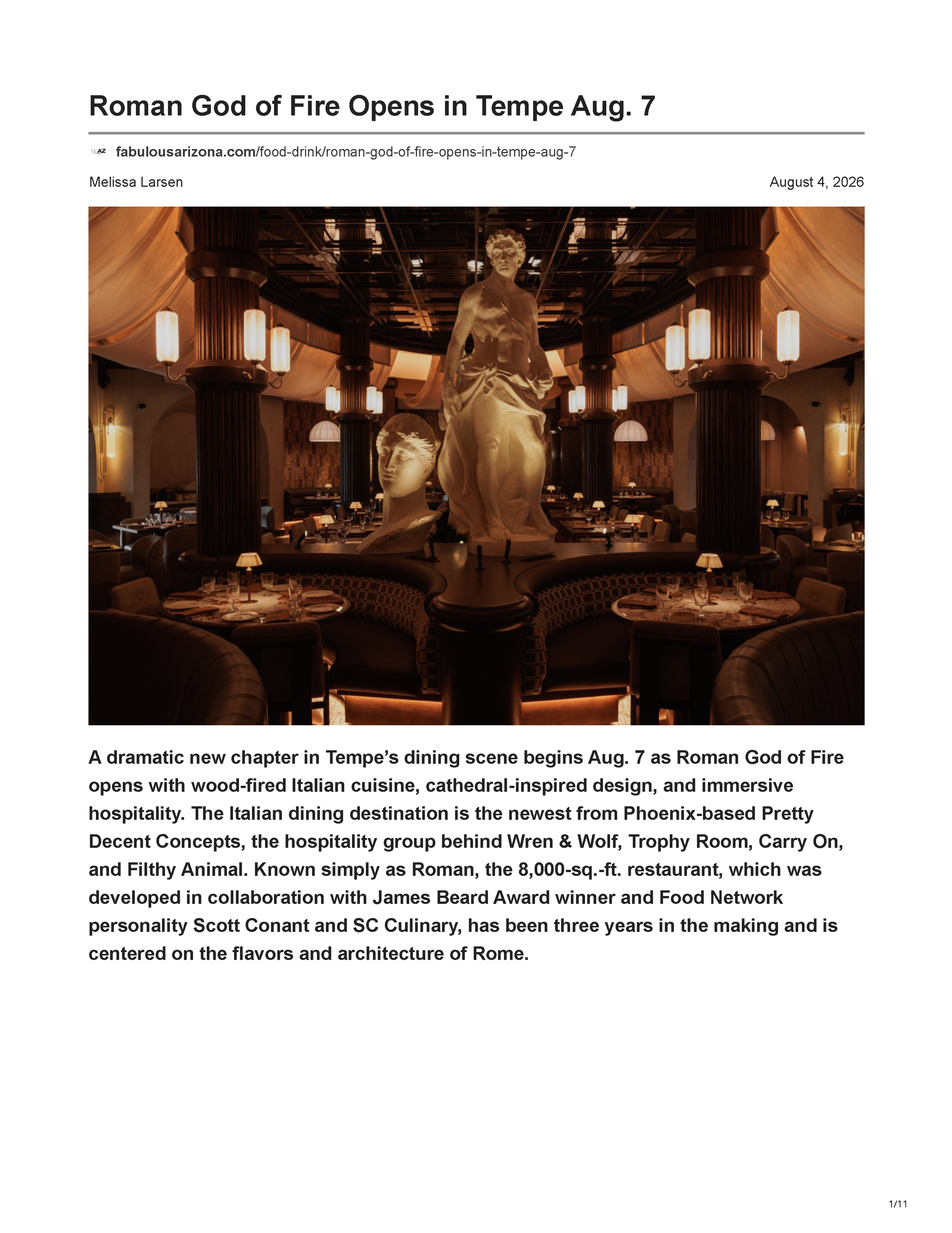 Fabulous Arizona article page announcing the opening of Roman God of Fire in Tempe, Arizona, and the restaurant’s statue-filled interior, page 1.