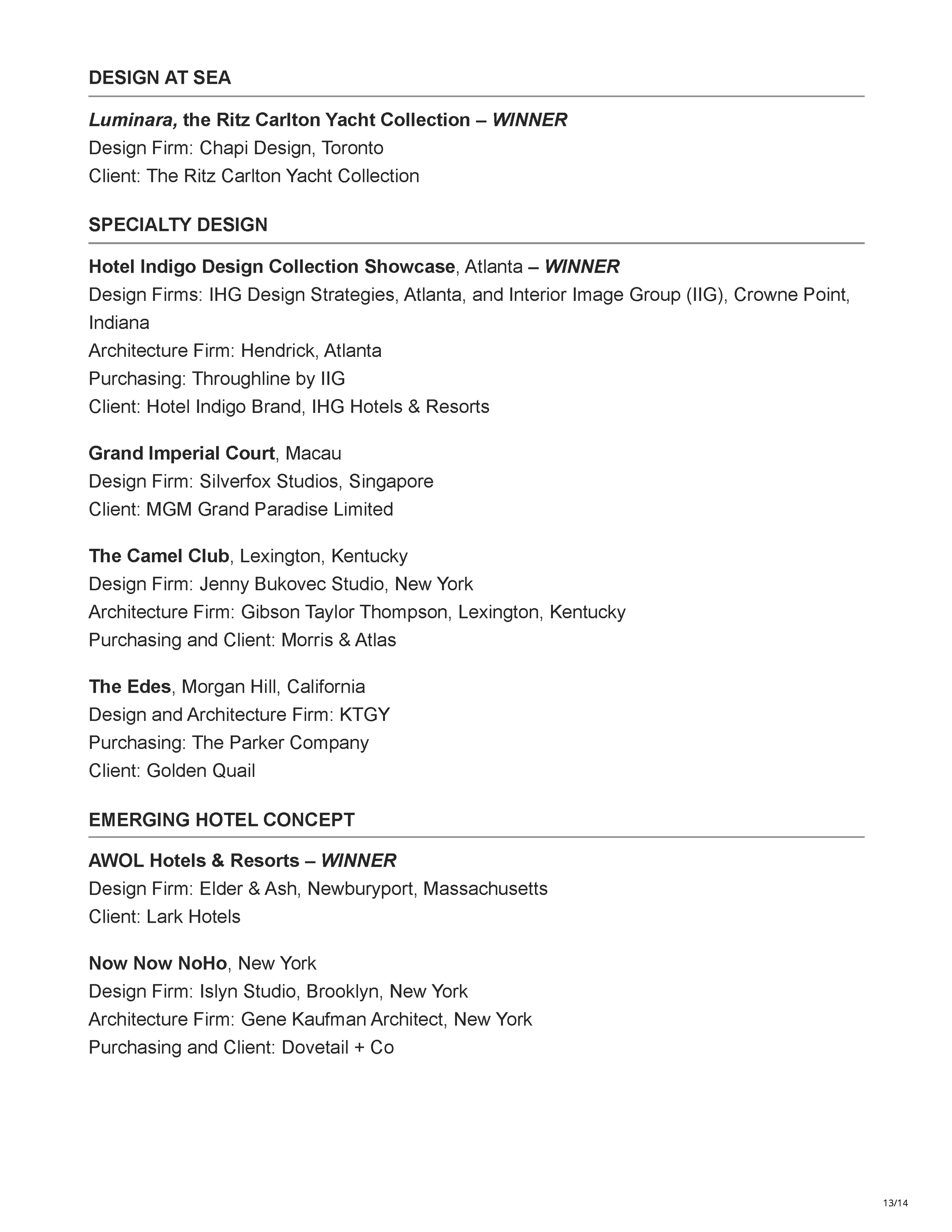 Official 45th Annual Gold Key Awards winners listing showing Carry On Airlines as the Bar/Club/Lounge winner, Drop Dead Gorgeous as a finalist, and Carry On Airlines receiving the Judges' So Cool Award, page 13.