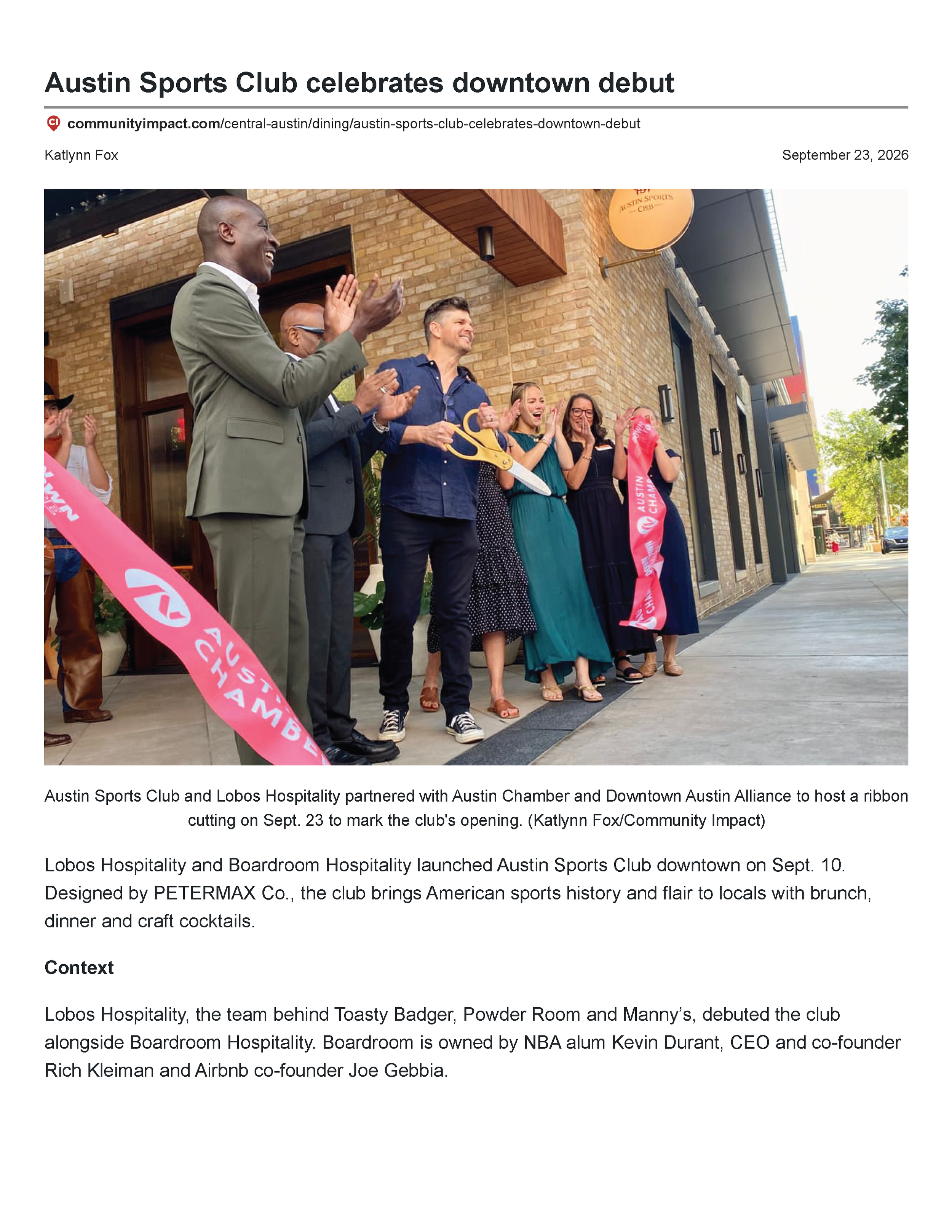 First page of the Community Impact article “Austin Sports Club celebrates downtown debut,” showing the ribbon-cutting ceremony and directly crediting PETERMAX Co. with the club’s interior design.