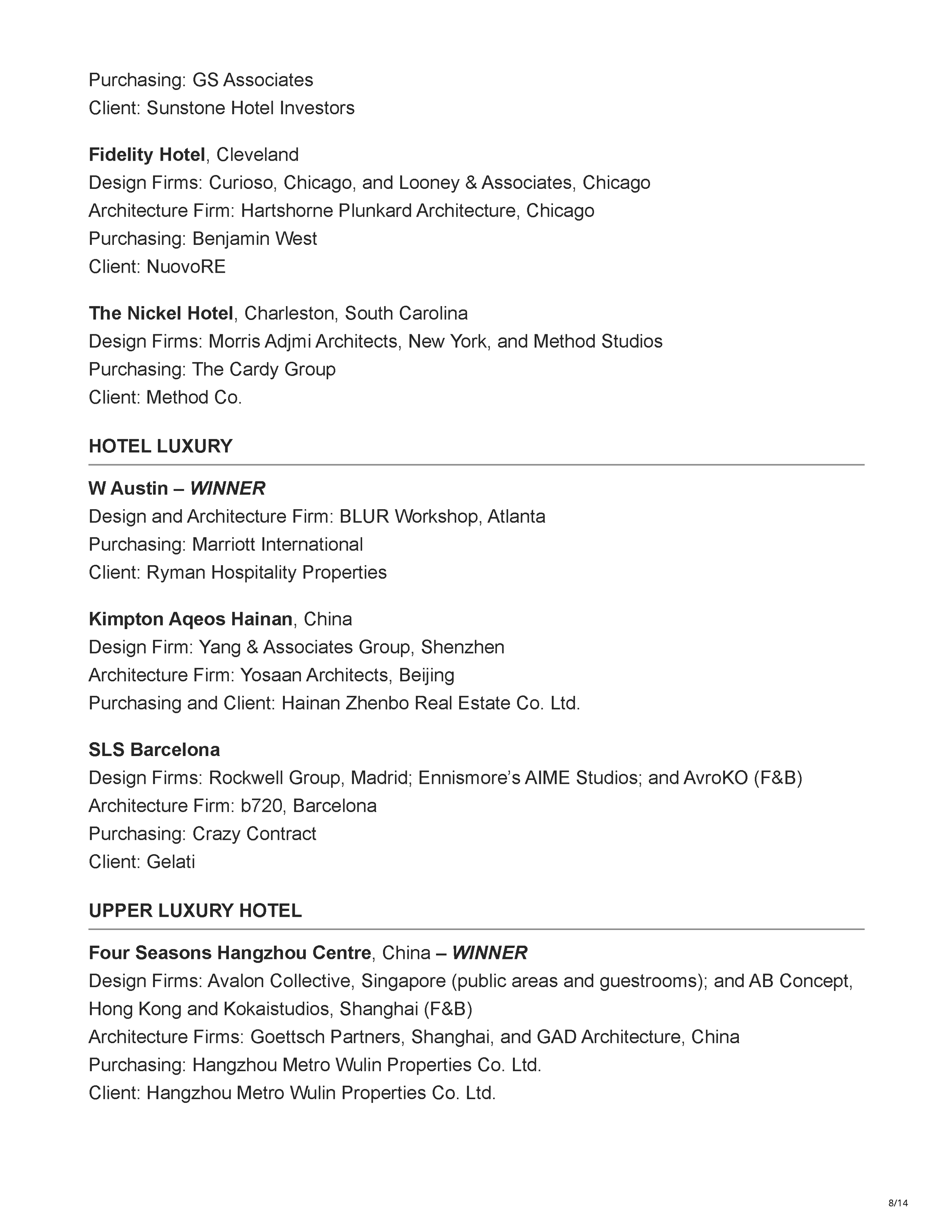 Official 45th Annual Gold Key Awards winners listing showing Carry On Airlines as the Bar/Club/Lounge winner, Drop Dead Gorgeous as a finalist, and Carry On Airlines receiving the Judges' So Cool Award, page 8.