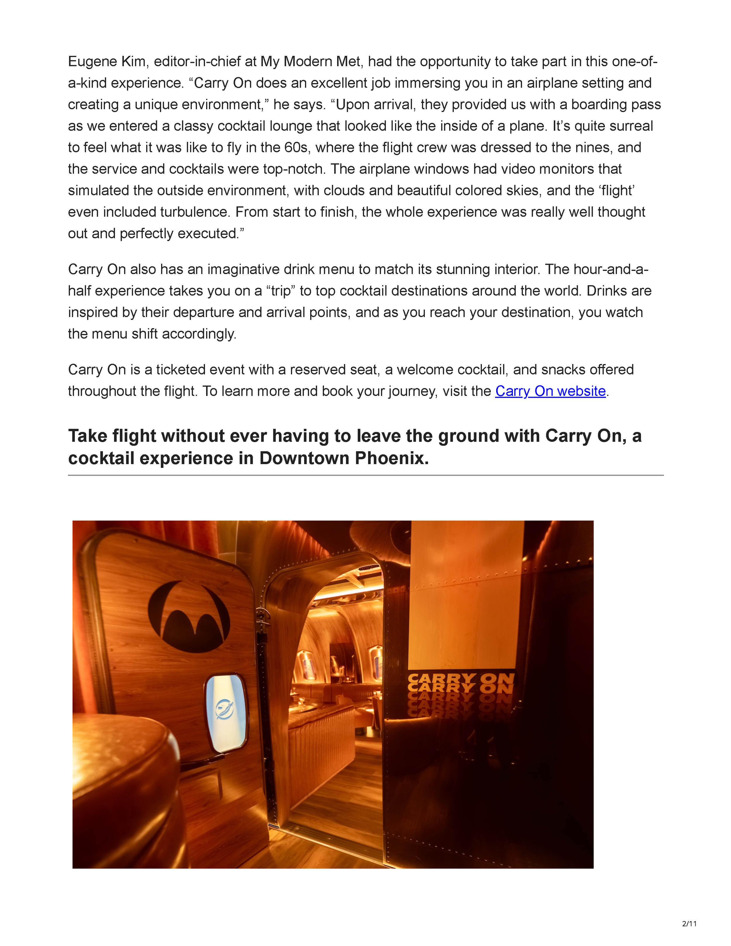 My Modern Met article featuring Carry On in Downtown Phoenix, an immersive cocktail experience designed in collaboration with Peter Bowden of PETERMAX Co., page 2.