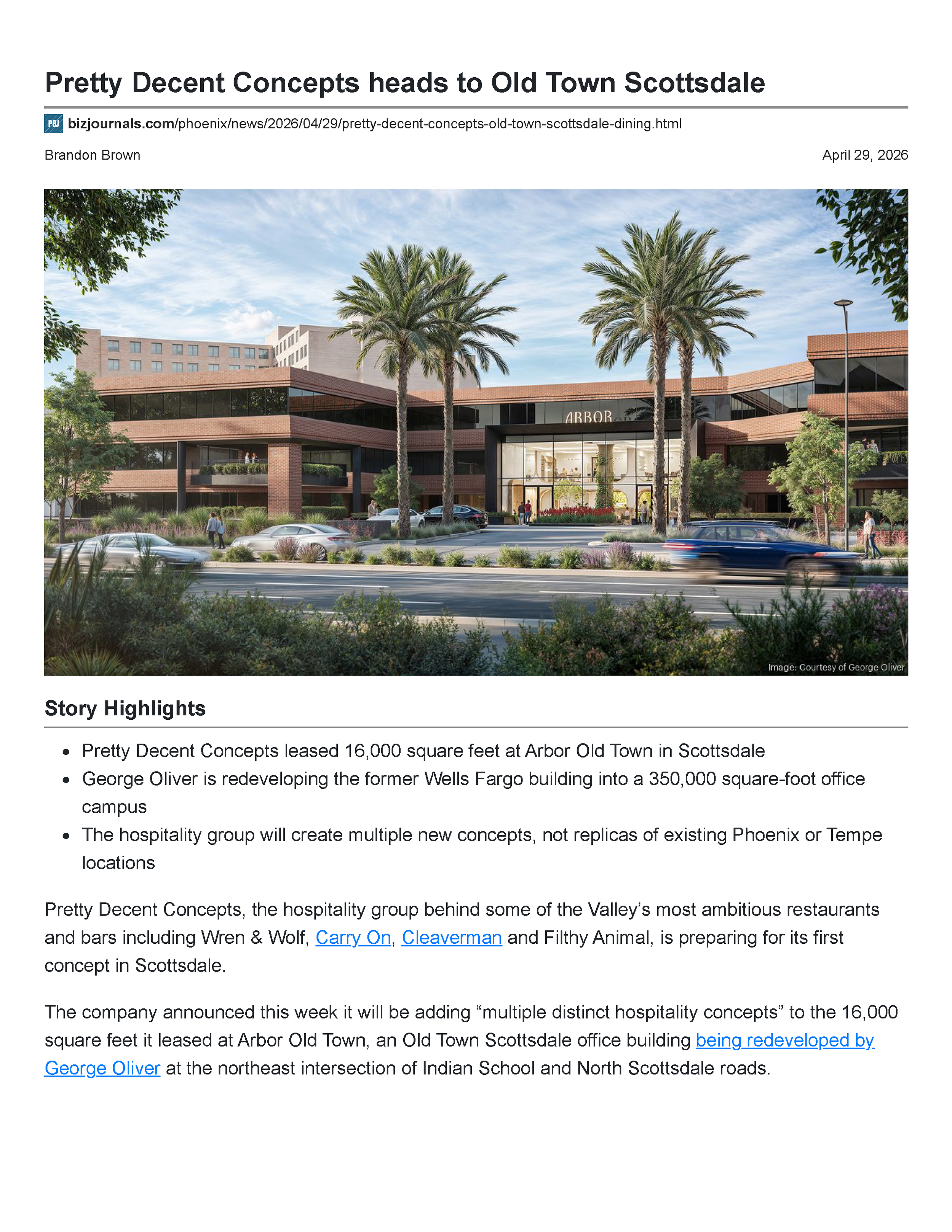First page of the Phoenix Business Journal article “Pretty Decent Concepts heads to Old Town Scottsdale,” showing a conceptual rendering of the Arbor Old Town redevelopment and introducing the planned hospitality concepts.