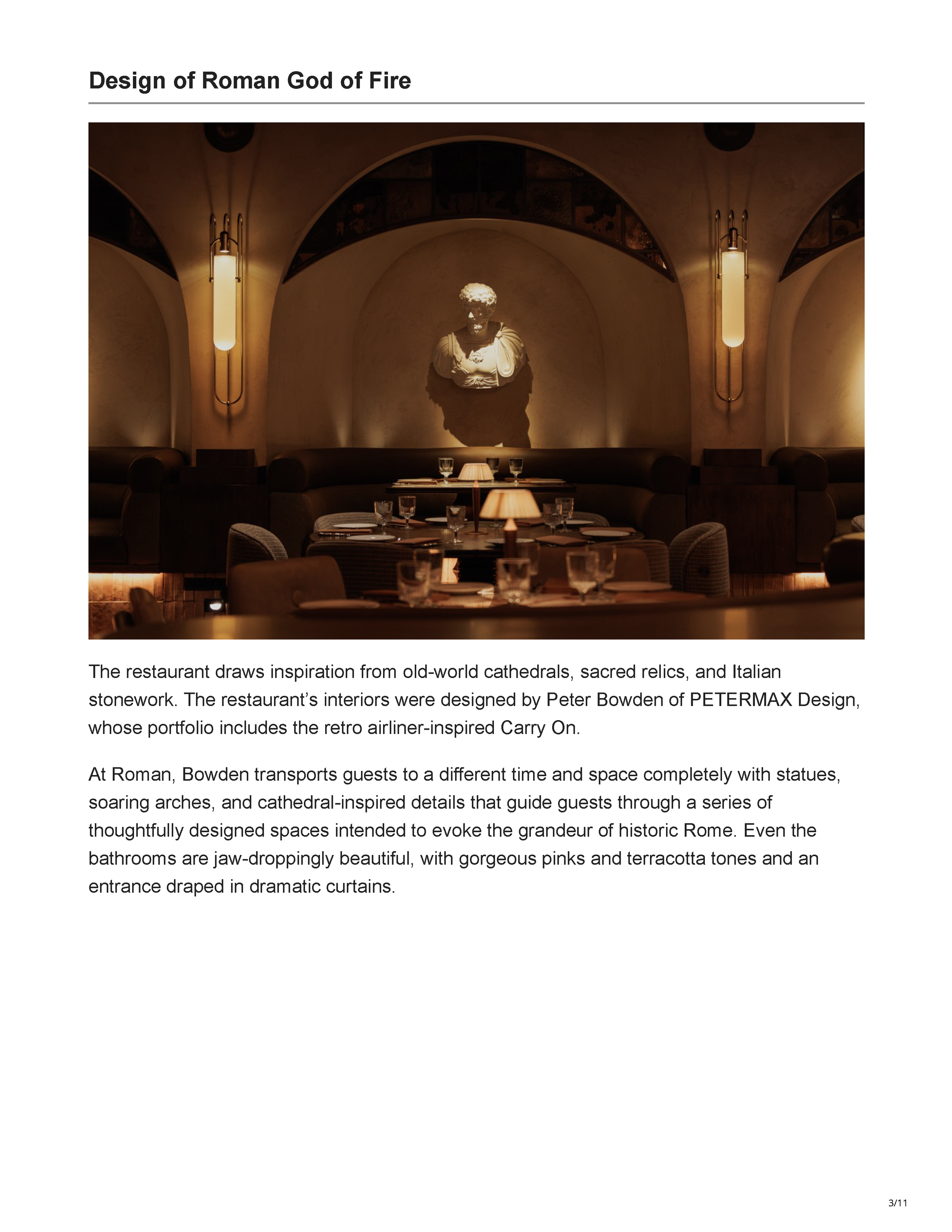 Fabulous Arizona article page announcing the opening of Roman God of Fire in Tempe, Arizona, and the restaurant’s statue-filled interior, page 3.