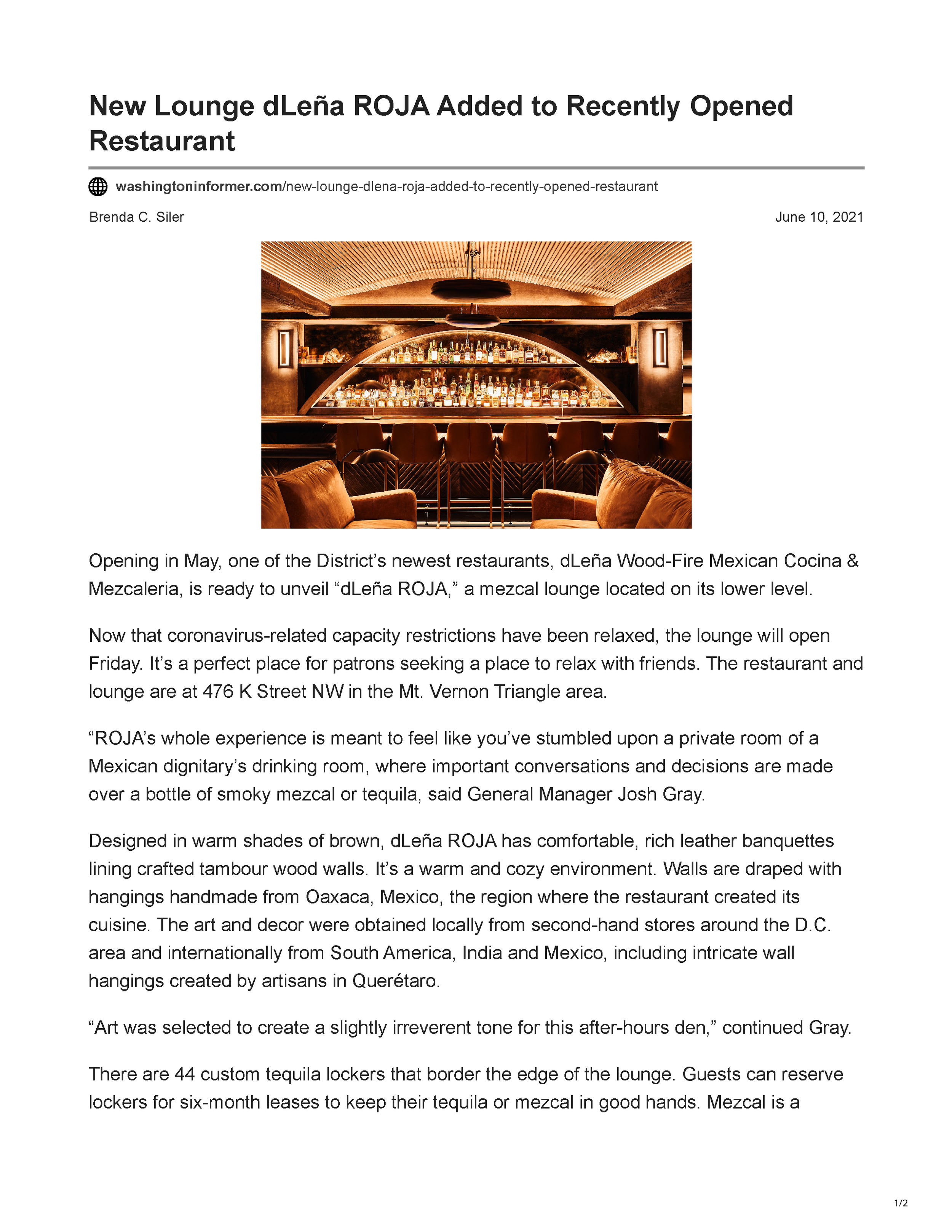 The Washington Informer article “New Lounge dLeña ROJA Added to Recently Opened Restaurant,” showing ROJA’s illuminated bar and describing its warm, intimate interior, page 1.