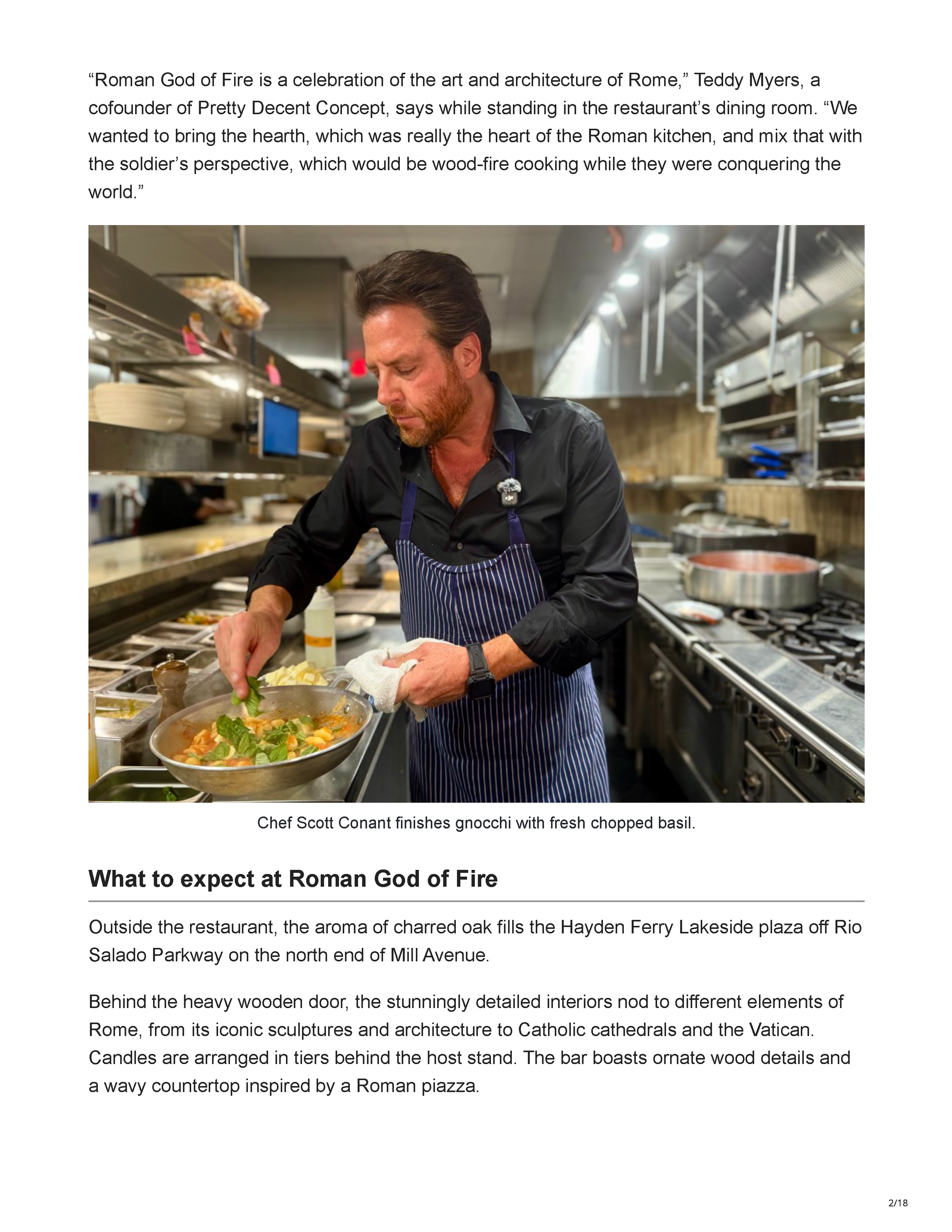 Second page of the Phoenix New Times feature, showing chef Scott Conant preparing gnocchi and introducing Roman God of Fire’s Roman-inspired interior.