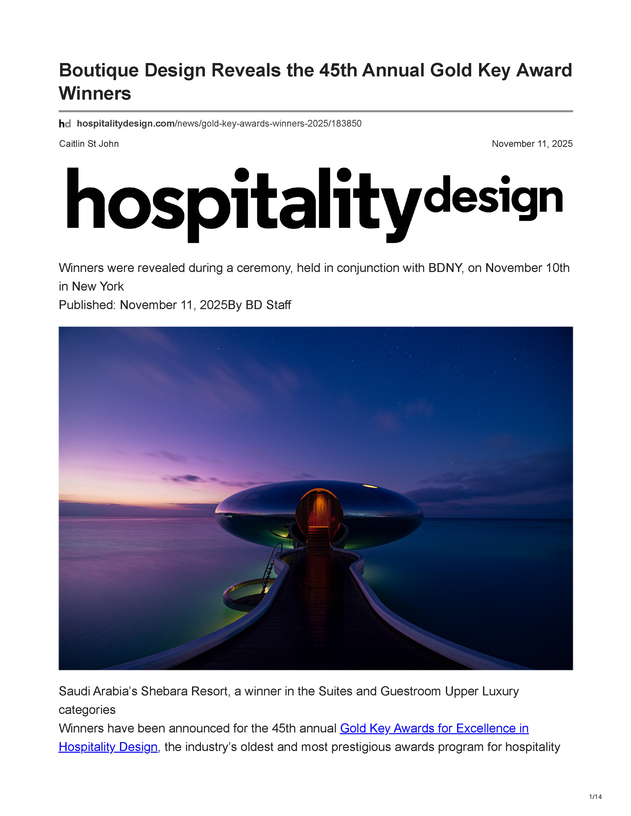 Official 45th Annual Gold Key Awards winners listing showing Carry On Airlines as the Bar/Club/Lounge winner, Drop Dead Gorgeous as a finalist, and Carry On Airlines receiving the Judges' So Cool Award, page 1.