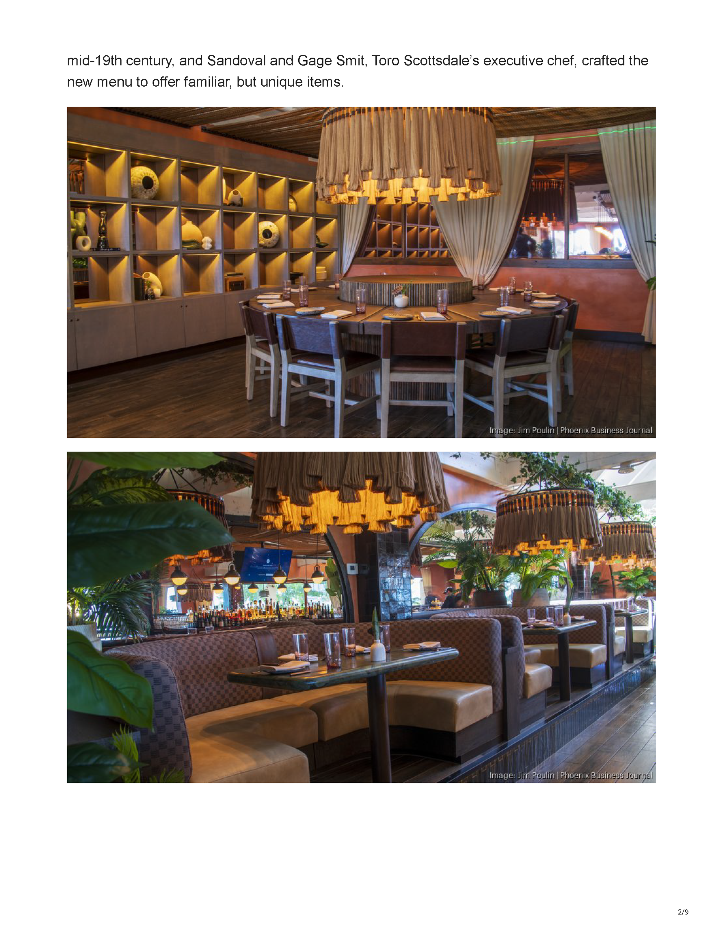 Phoenix Business Journal article about the reimagined Toro Scottsdale, featuring the redesigned restaurant’s curved banquette, central table and tropical bar interior, page 2