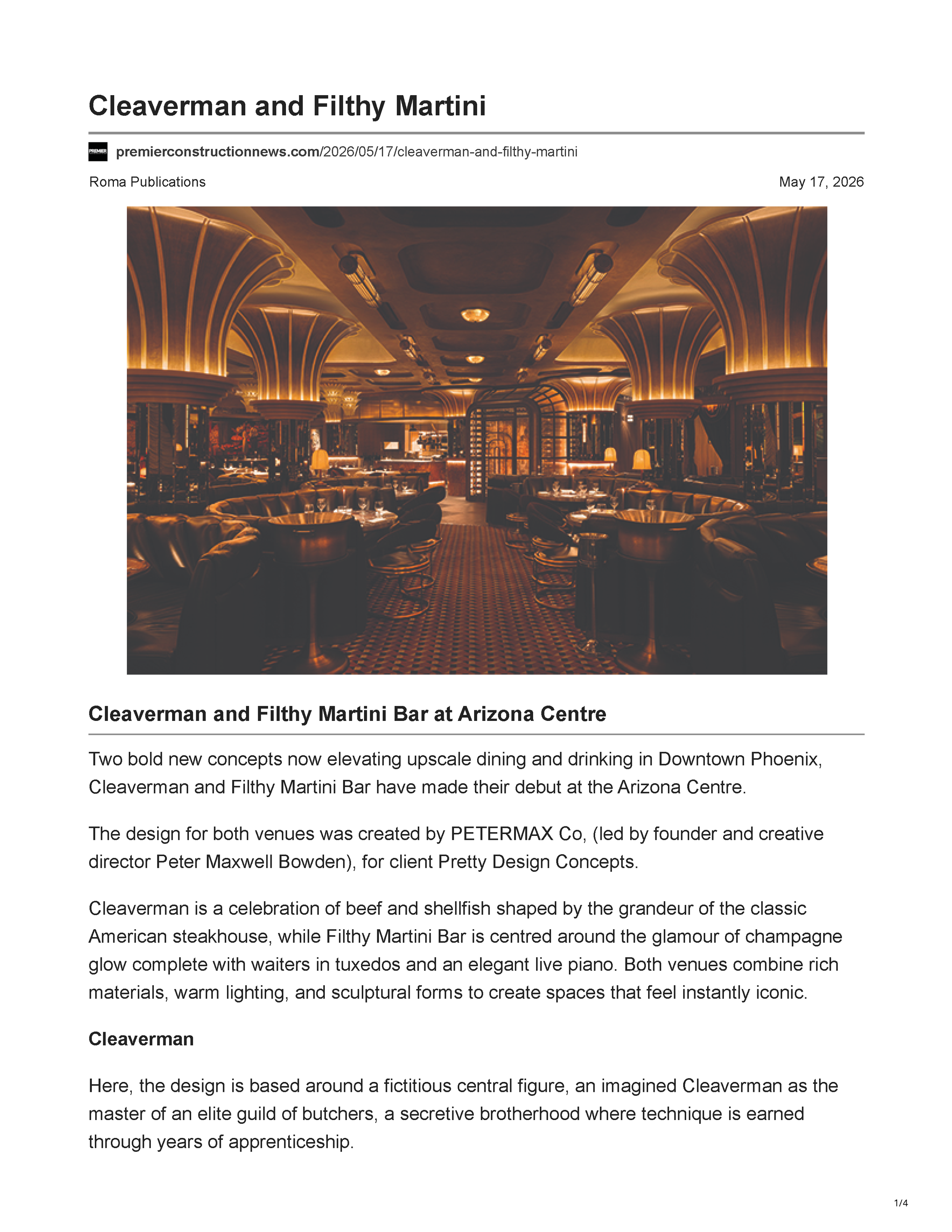 Interior view of Cleaverman restaurant showcasing sculptural architecture and richly detailed hospitality interiors featured by Premier Construction News, page 1.