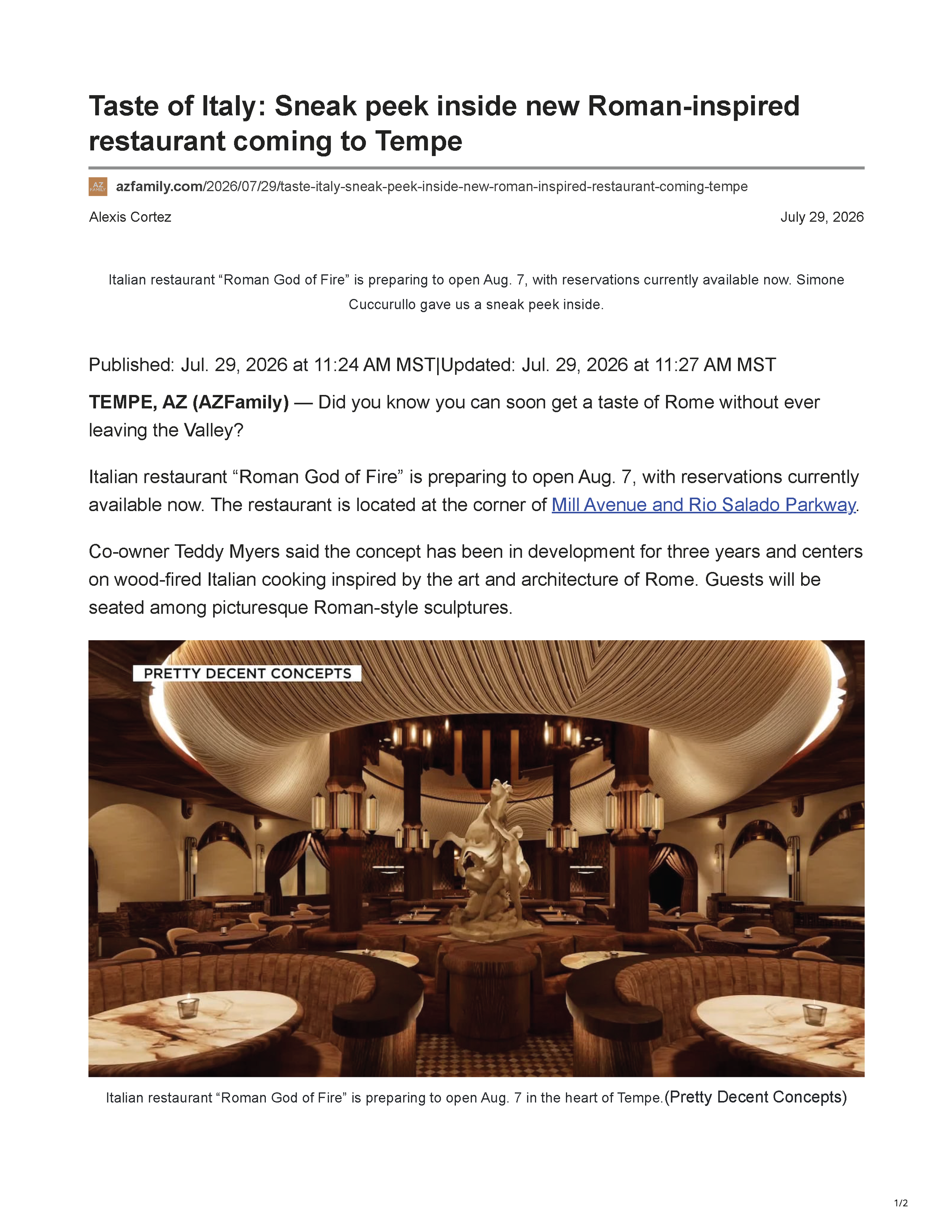 First page of the Arizona’s Family article “Taste of Italy: Sneak peek inside new Roman-inspired restaurant coming to Tempe,” featuring a rendering of Roman God of Fire’s sculpture-filled dining room.