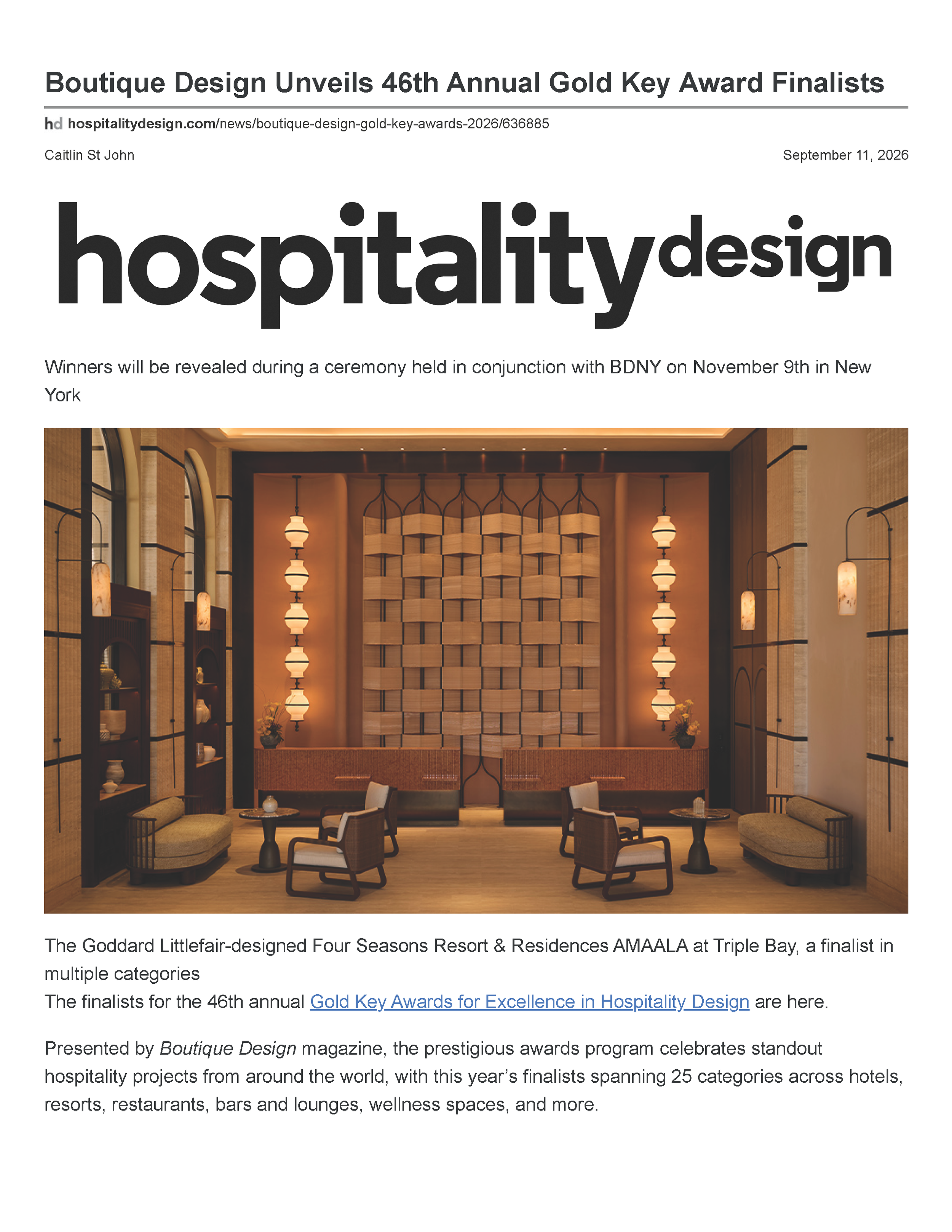 Boutique Design’s 2026 Gold Key Awards finalist list naming Uppercut in Phoenix as a Restaurant Upscale Dining finalist and crediting PETERMAX Co. for design and purchasing, page 1.