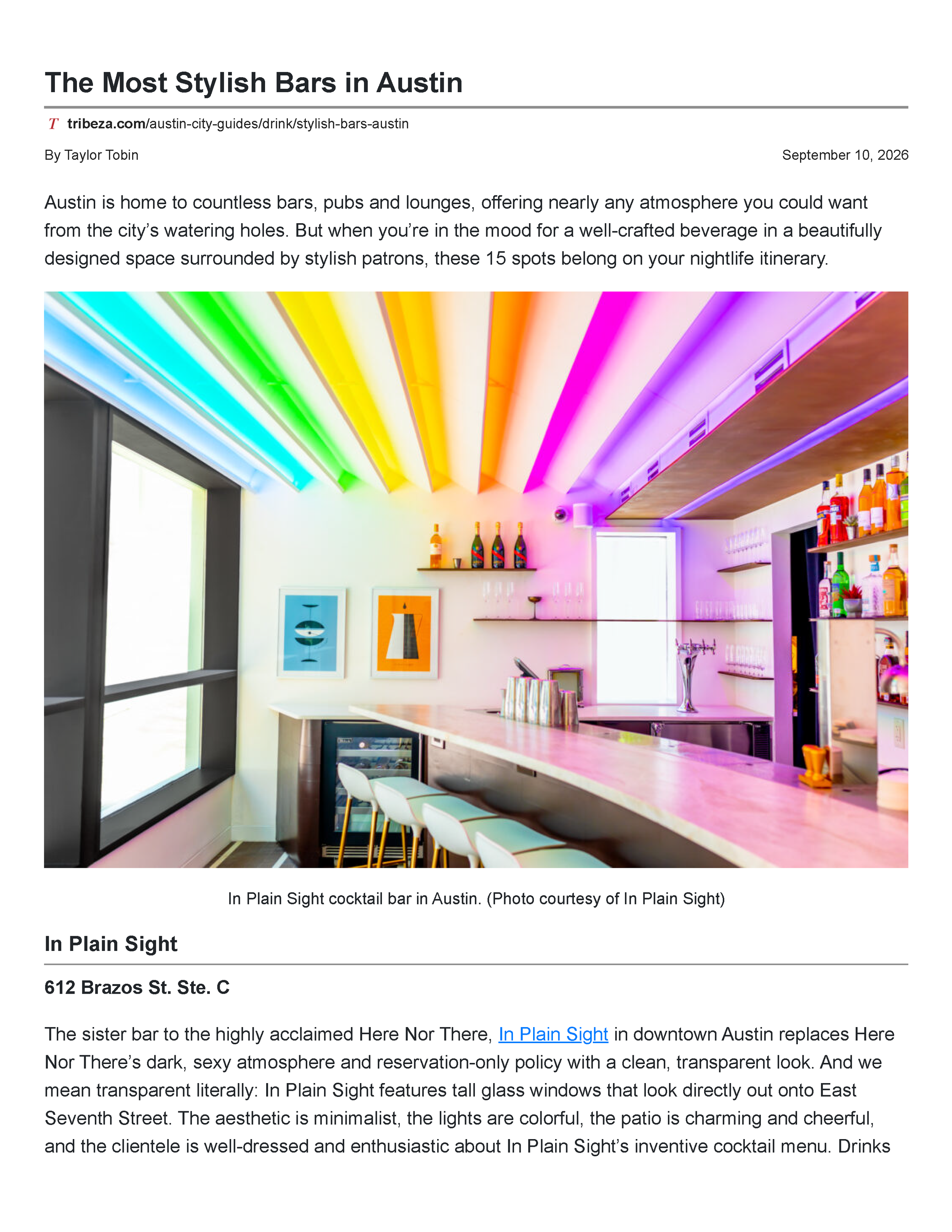 Opening page of Tribeza’s “The Most Stylish Bars in Austin,” written by Taylor Tobin and published September 10, 2026.