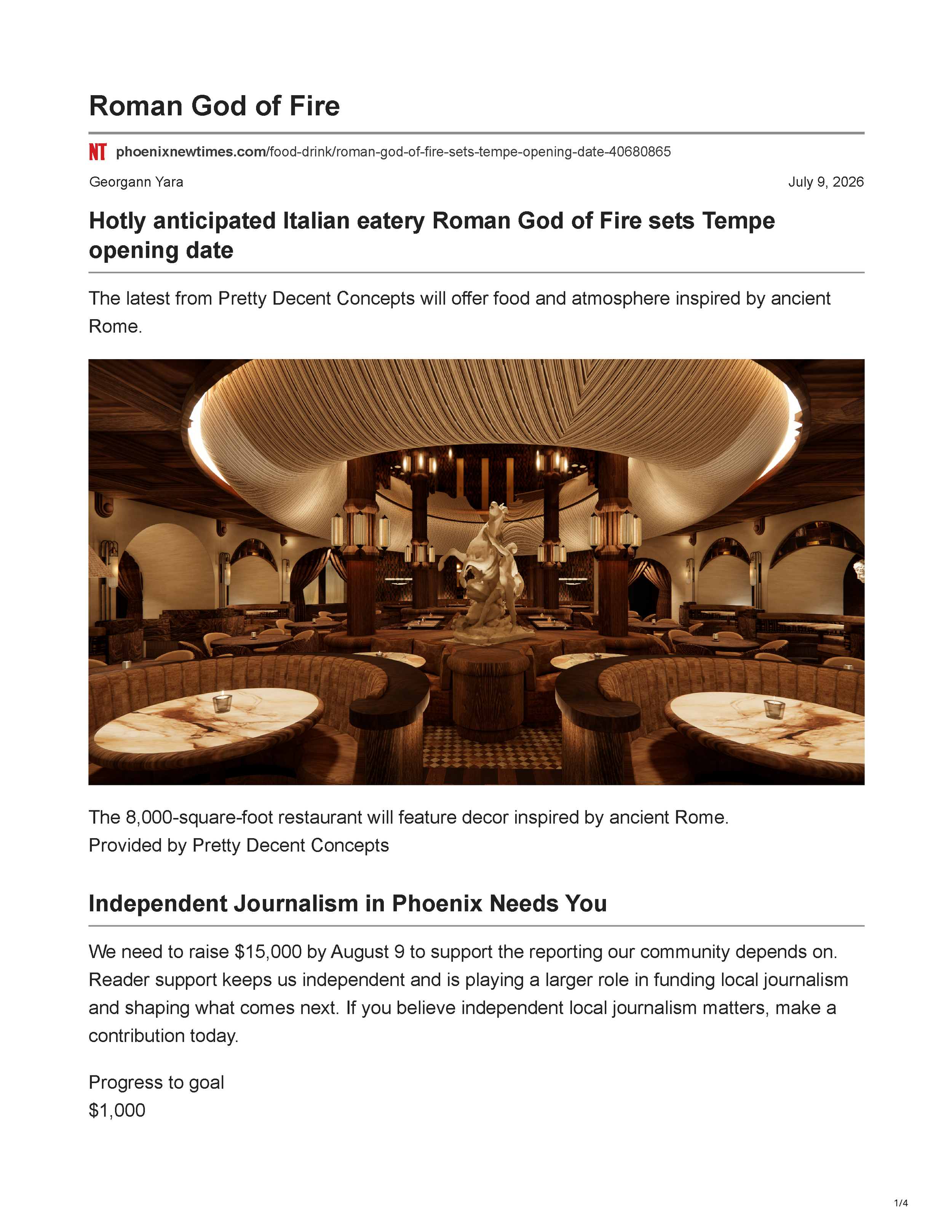 Page 1 of the Phoenix New Times article announcing opening dates for Roman God of Fire in Tempe.