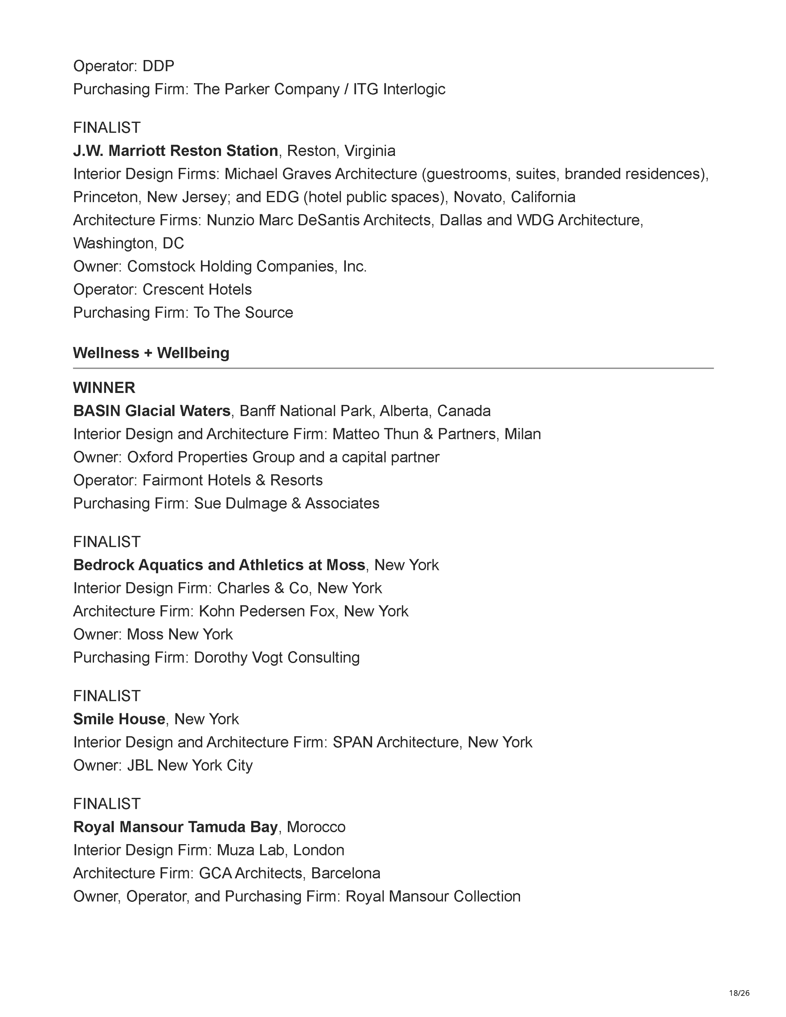 Official Hospitality Design HD Awards finalist listing showing Filthy Martini Bar by PETERMAX Co. as a finalist in the Bar, Club + Lounge category, page 18.