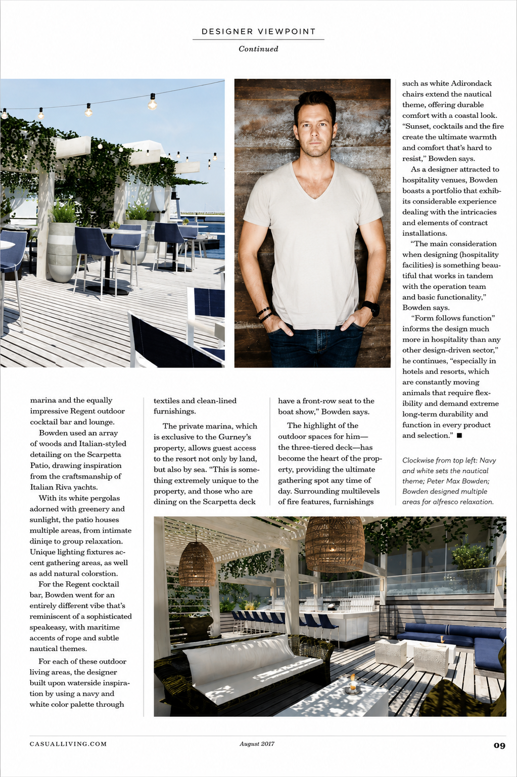 Third page of the Casual Living feature showing Peter Maxwell Bowden, alongside his navy-and-white nautical outdoor styling and several al fresco lounge areas at Gurney’s Newport.