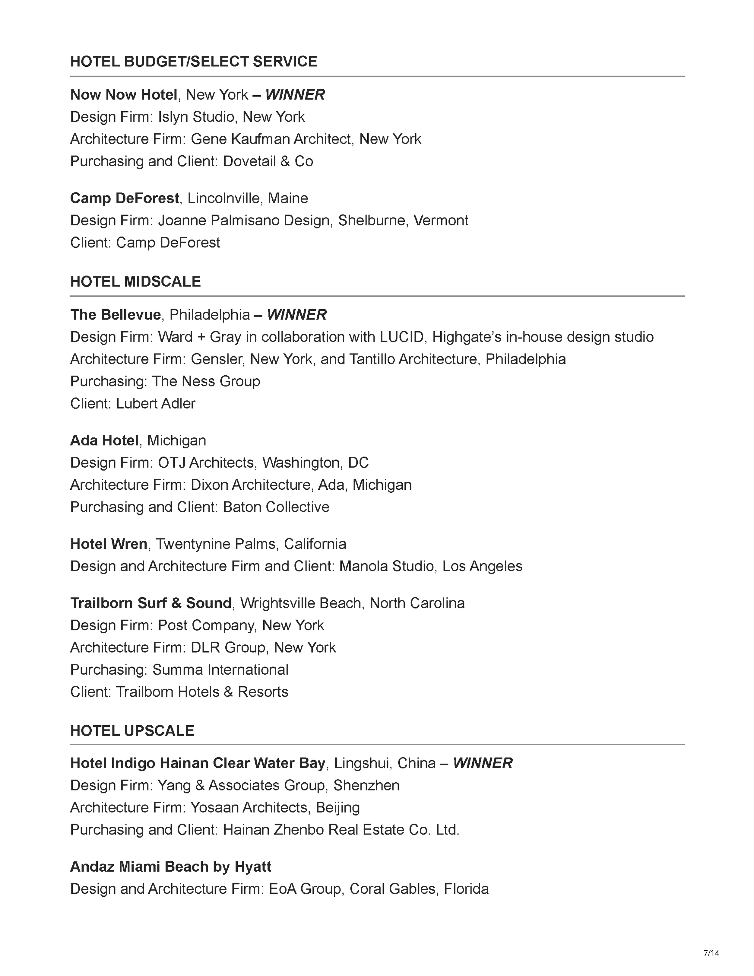 Official 45th Annual Gold Key Awards winners listing showing Carry On Airlines as the Bar/Club/Lounge winner, Drop Dead Gorgeous as a finalist, and Carry On Airlines receiving the Judges' So Cool Award, page 7.