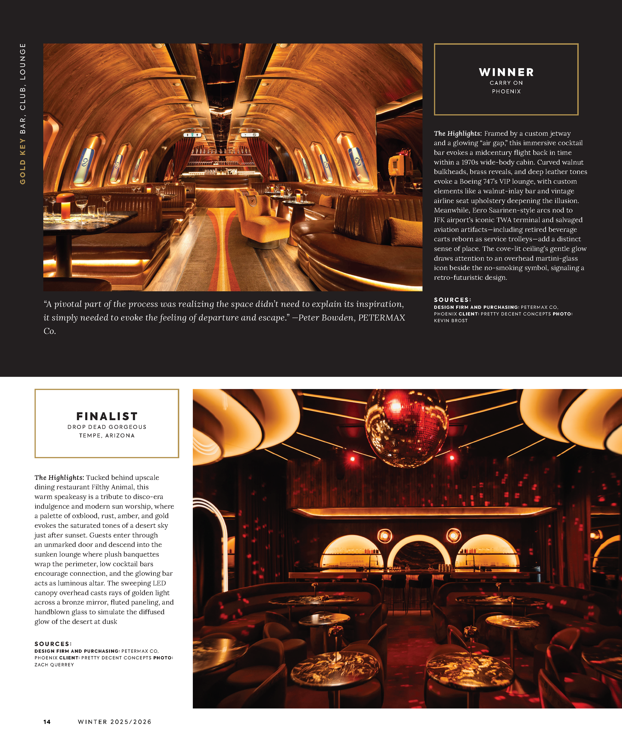 Boutique Design feature highlighting Carry On Airlines as the 2025 Gold Key Award winner in the Bar, Club & Lounge category, Page 5.