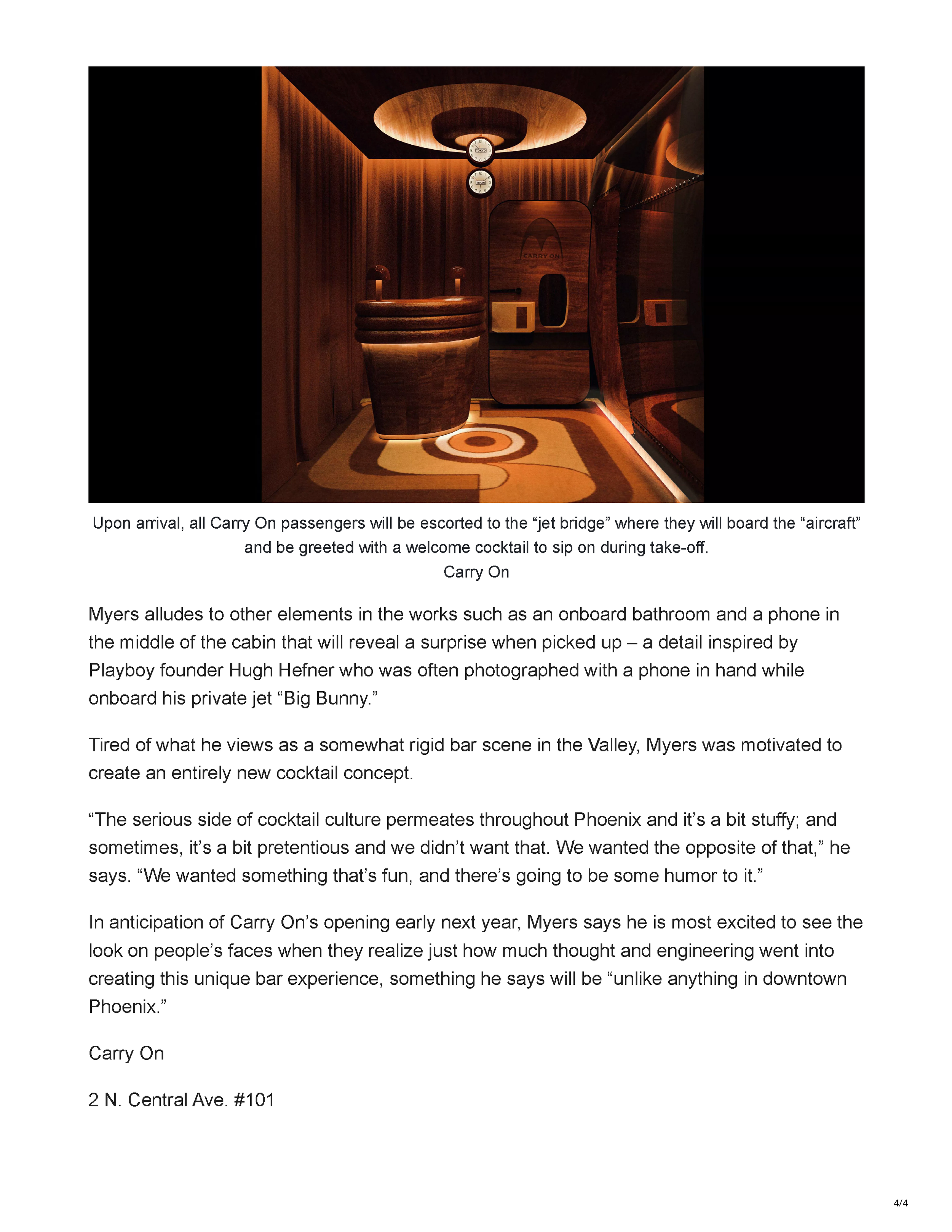Phoenix New Times article page previewing Carry On, an airplane-themed cocktail bar opening in Downtown Phoenix, with a rendering of its wood-paneled bar interior, page 4.