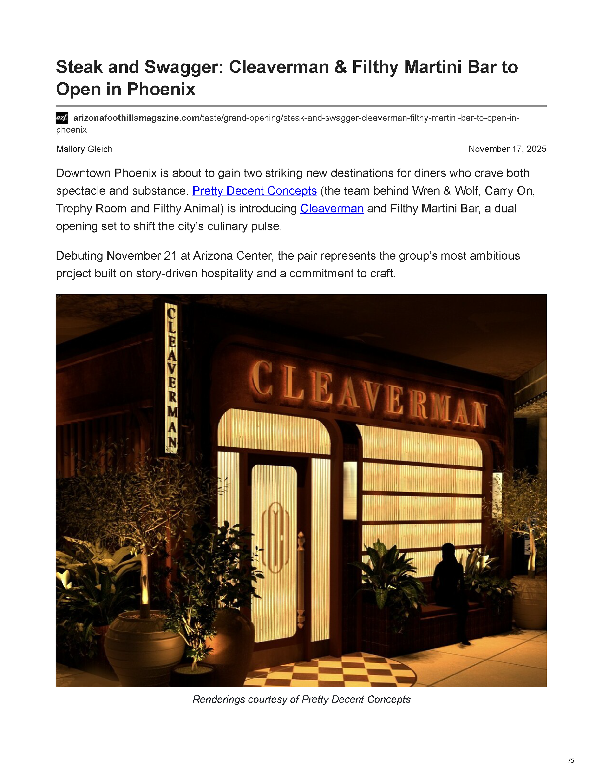 Page 1 of the Arizona Foothills Magazine article announcing the opening of Cleaverman and Filthy Martini Bar in Phoenix.