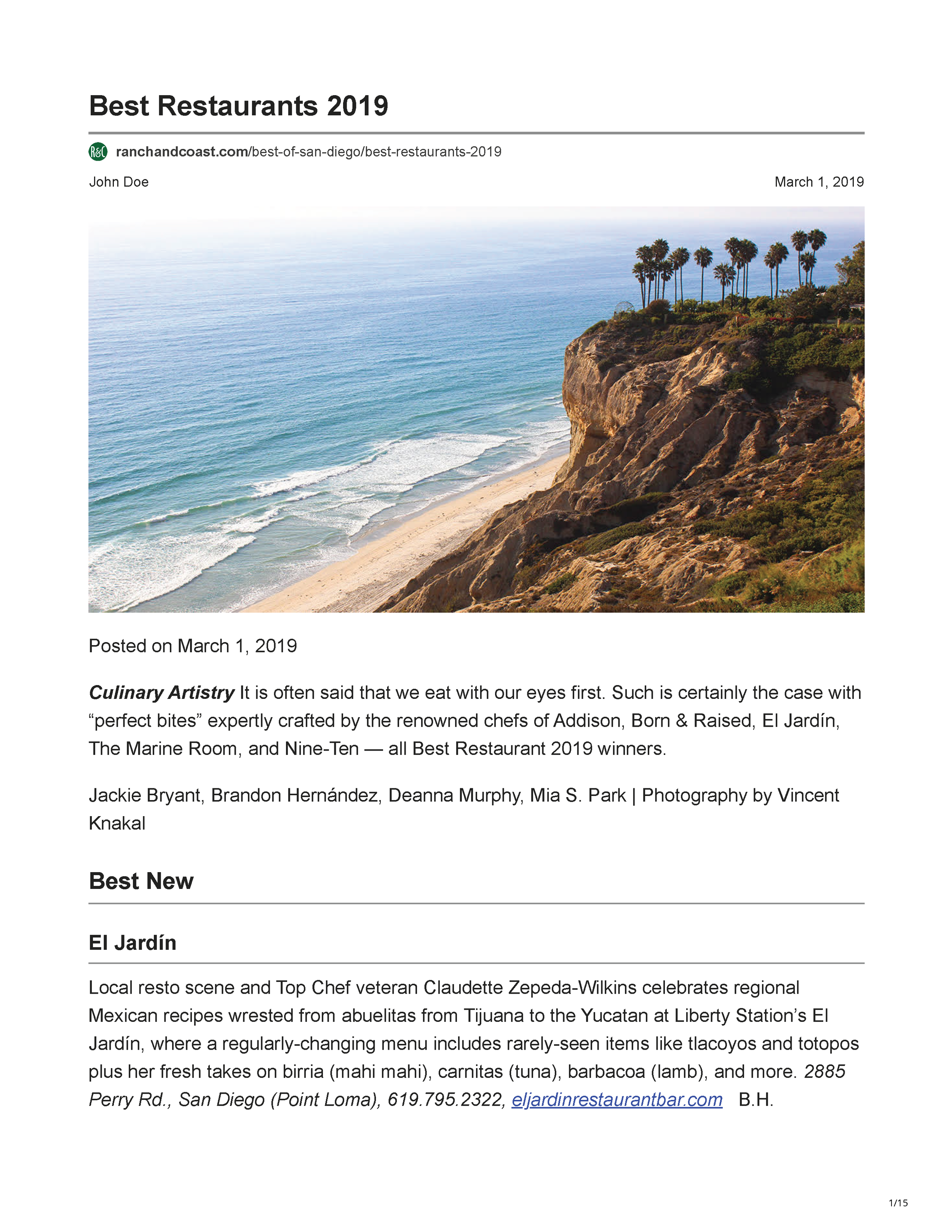 Ranch & Coast’s “Best Restaurants 2019,” featuring Javier’s La Jolla and its sculptural rope ceiling installation over the main bar, page 1