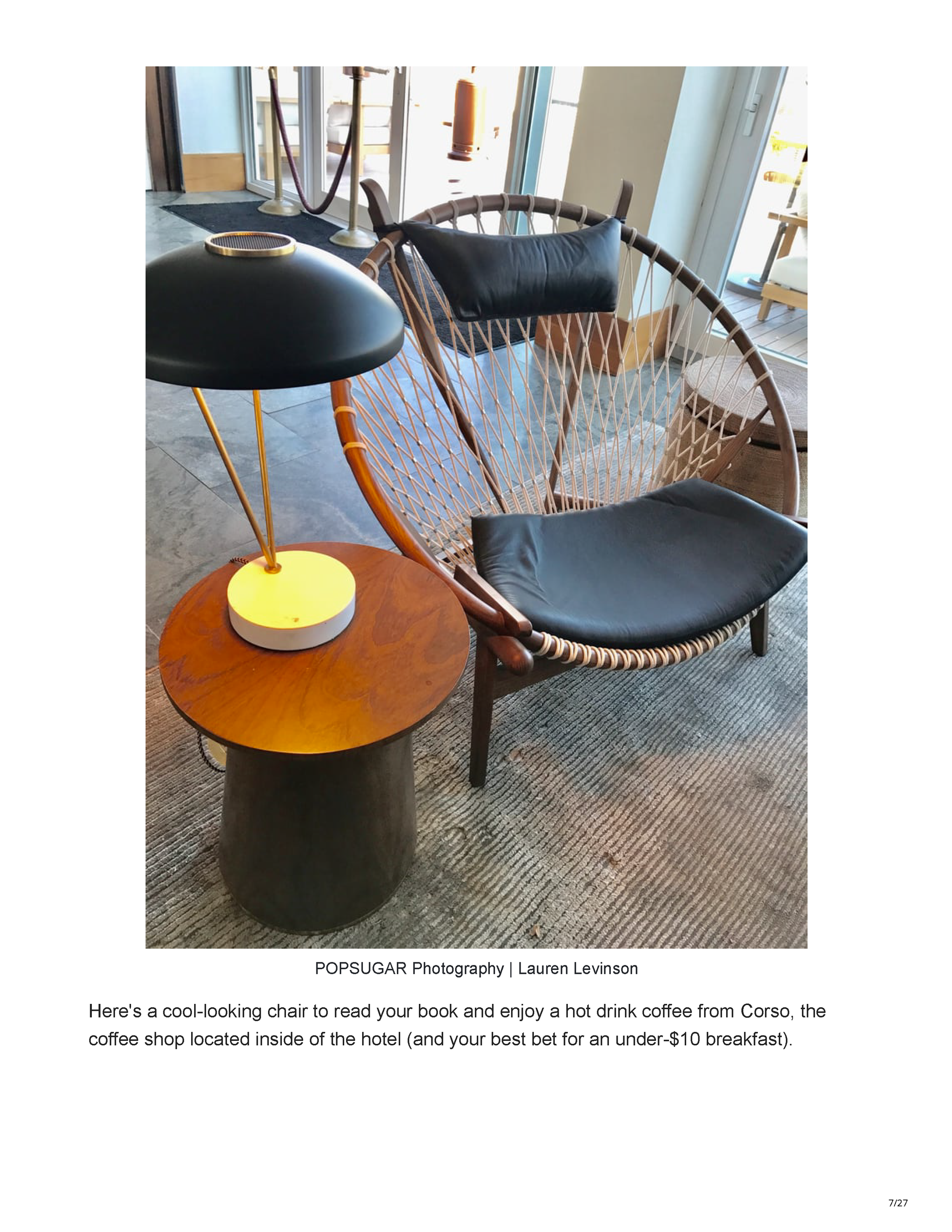 POPSUGAR’s Newport travel feature crediting Peter Max Bowden of PETERMAX Co. with the sophisticated nautical interiors of Gurney’s Newport Resort, page 7