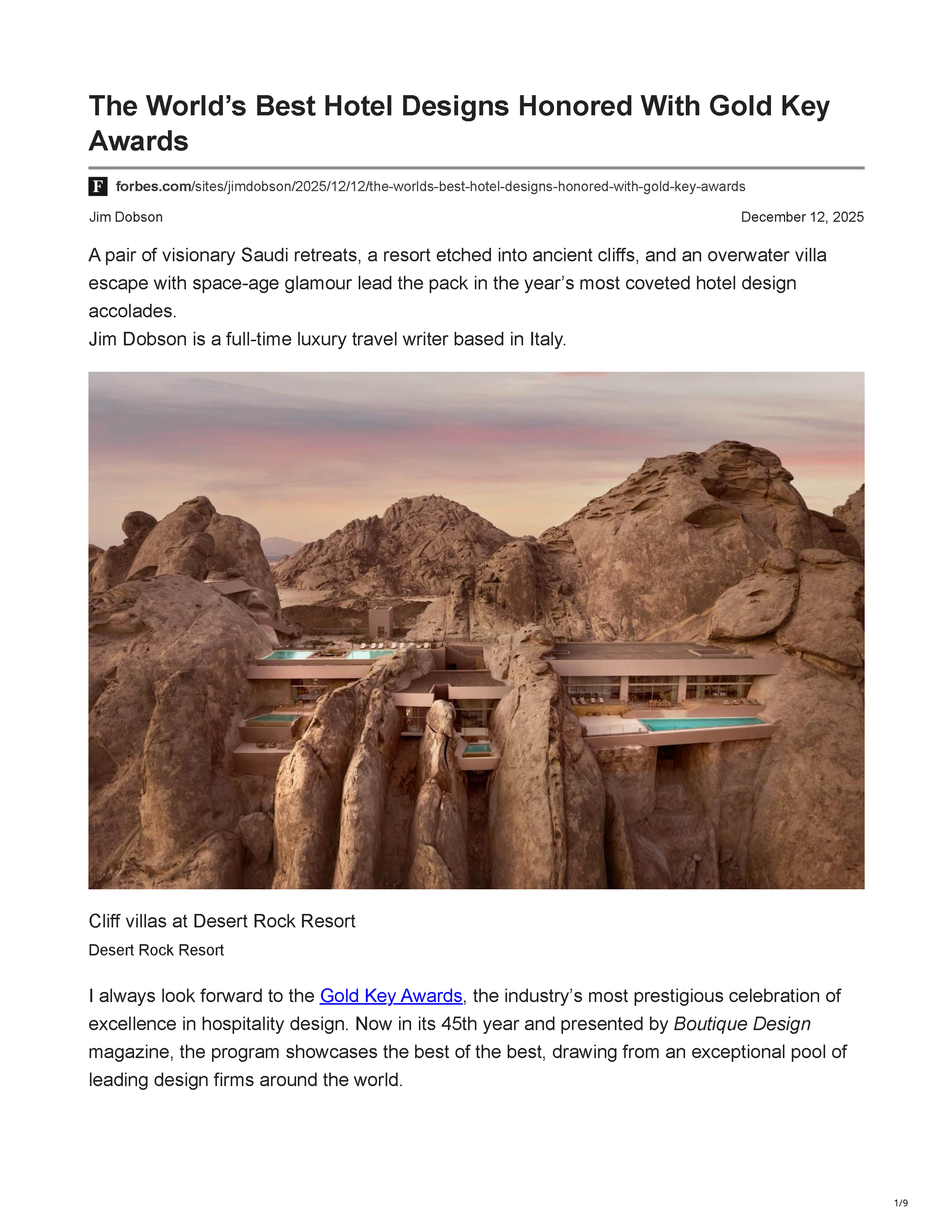Forbes article “The World’s Best Hotel Designs Honored With Gold Key Awards” by Jim Dobson, page 1