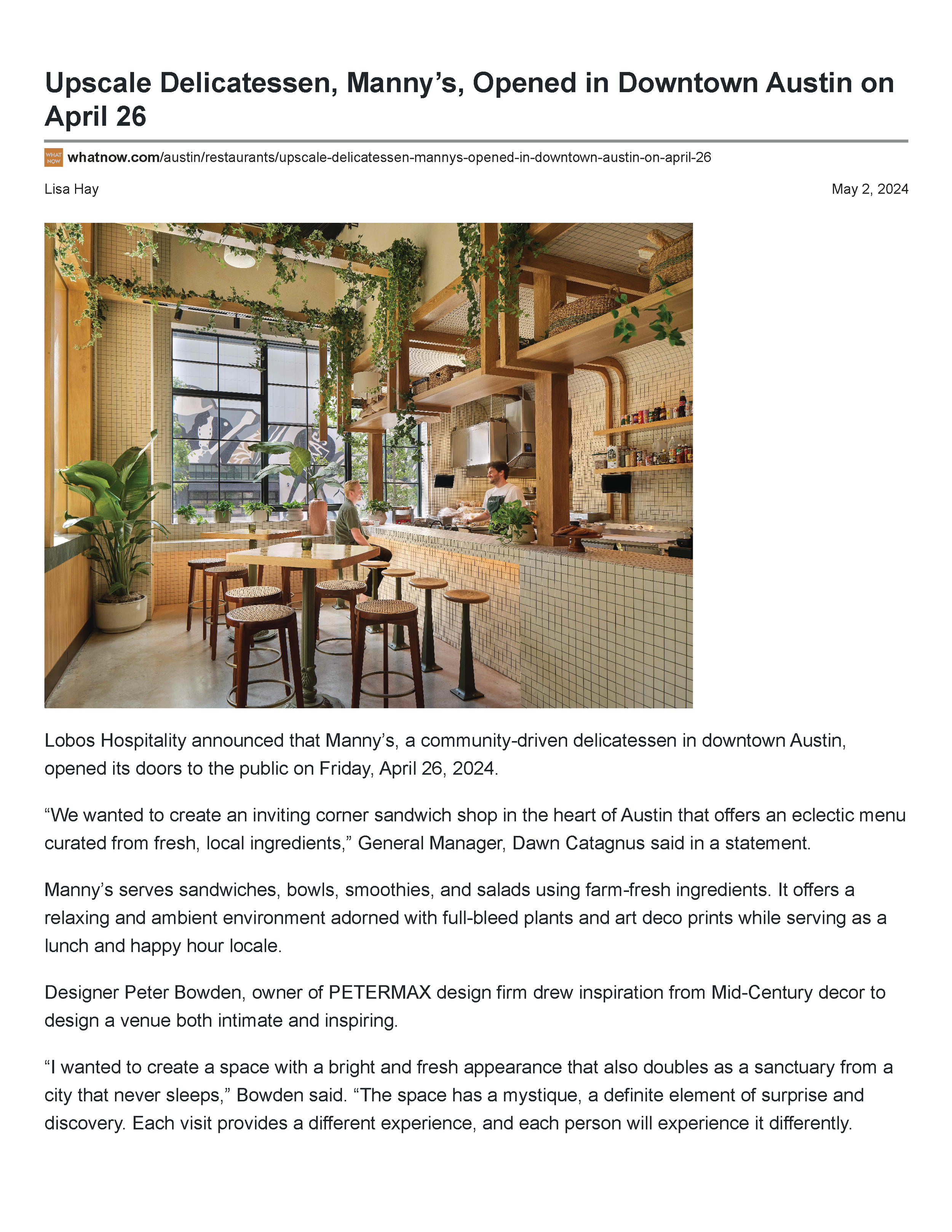 First page of the What Now Austin article “Upscale Delicatessen, Manny’s, Opened in Downtown Austin on April 26,” describing the delicatessen and Peter Bowden’s Mid-Century-inspired design.