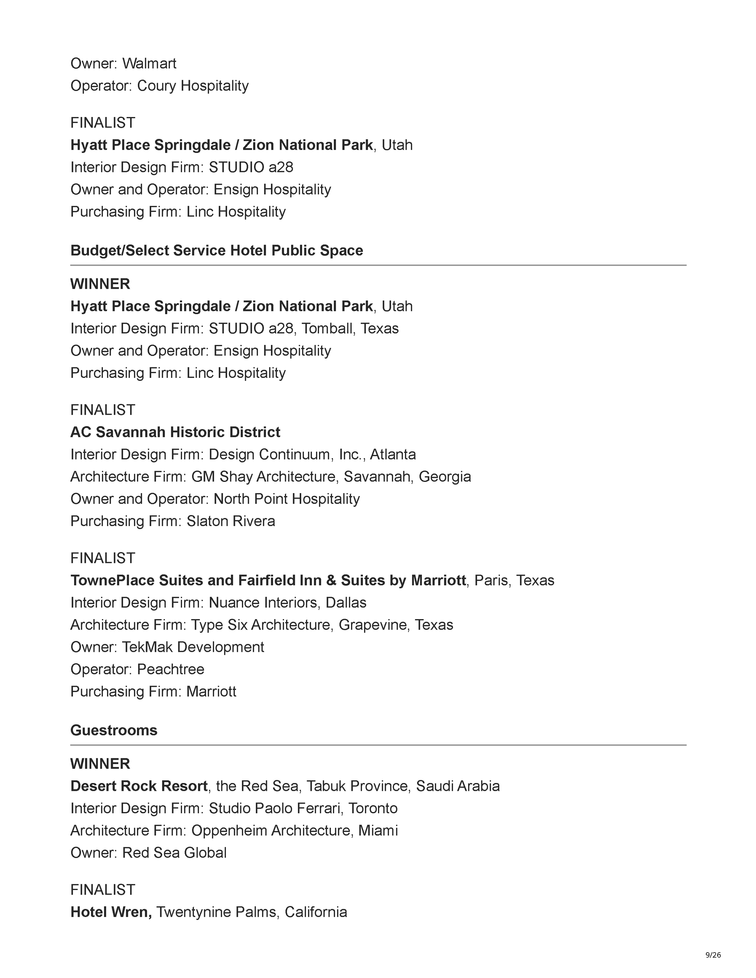 Official Hospitality Design HD Awards finalist listing showing Filthy Martini Bar by PETERMAX Co. as a finalist in the Bar, Club + Lounge category, page 9.