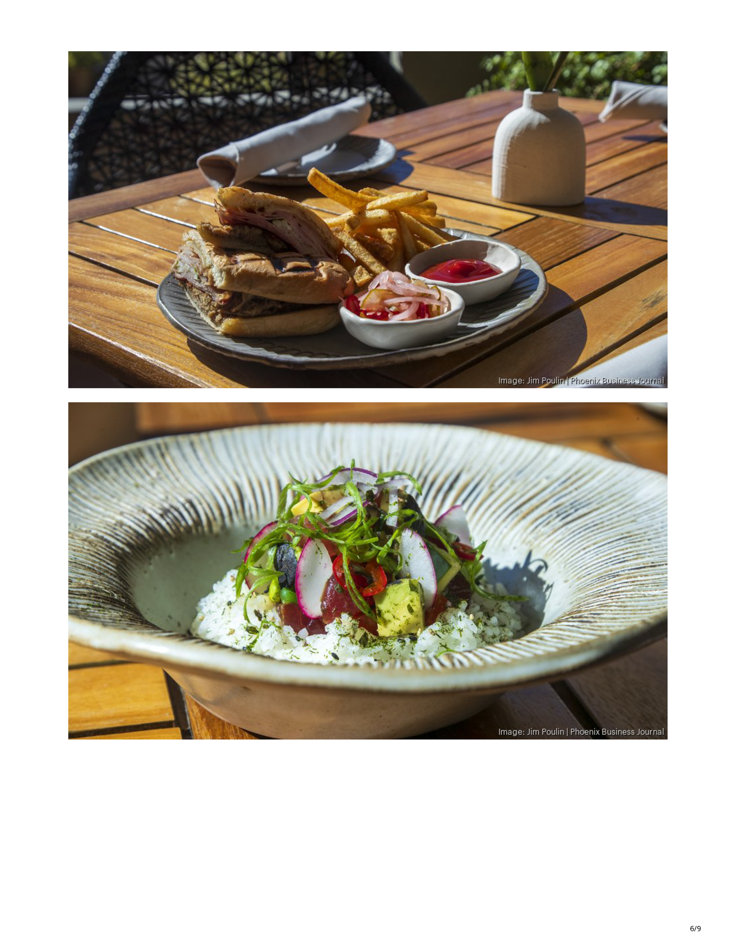Phoenix Business Journal article about the reimagined Toro Scottsdale, featuring the redesigned restaurant’s curved banquette, central table and tropical bar interior, page 6