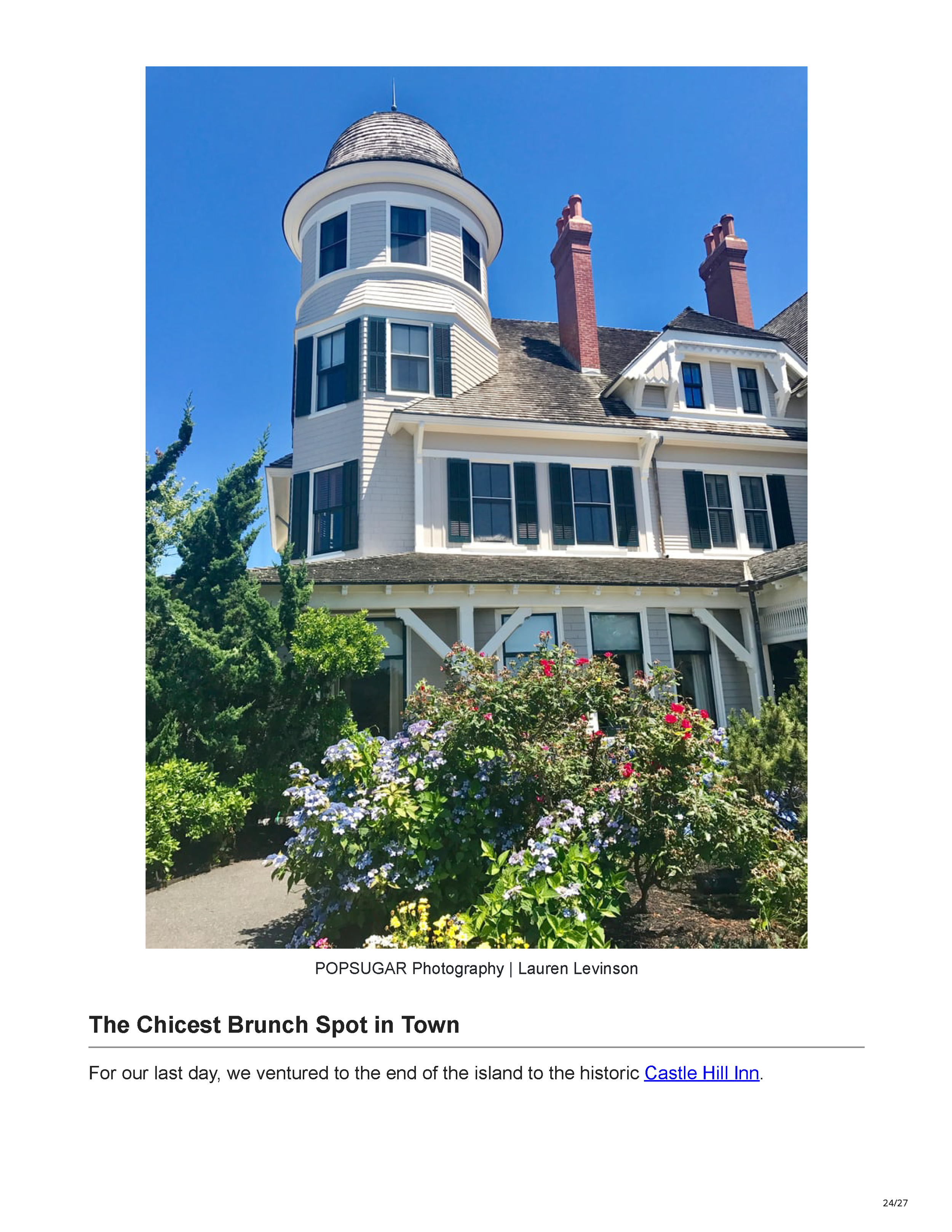POPSUGAR’s Newport travel feature crediting Peter Max Bowden of PETERMAX Co. with the sophisticated nautical interiors of Gurney’s Newport Resort, page 24
