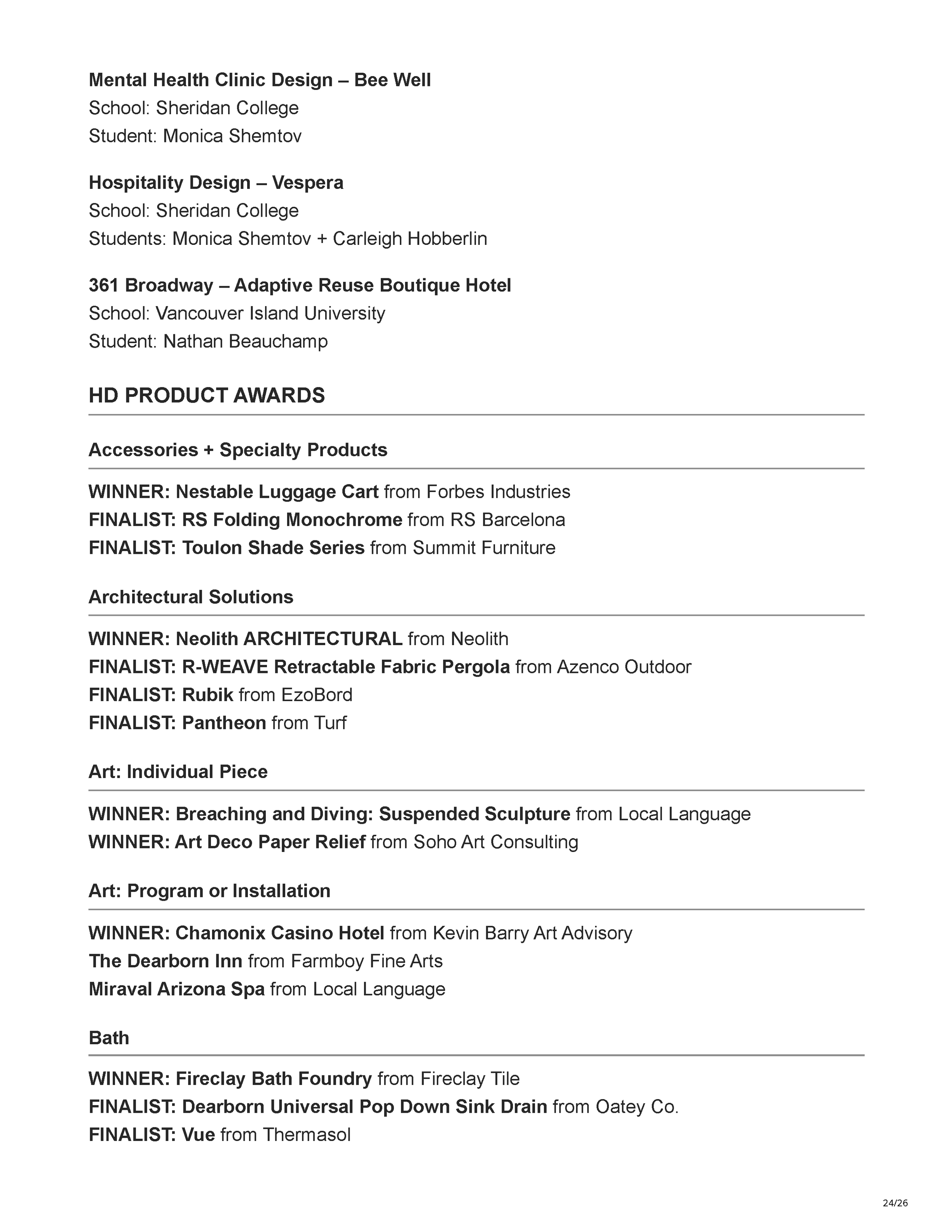 Official Hospitality Design HD Awards finalist listing showing Filthy Martini Bar by PETERMAX Co. as a finalist in the Bar, Club + Lounge category, page 24.