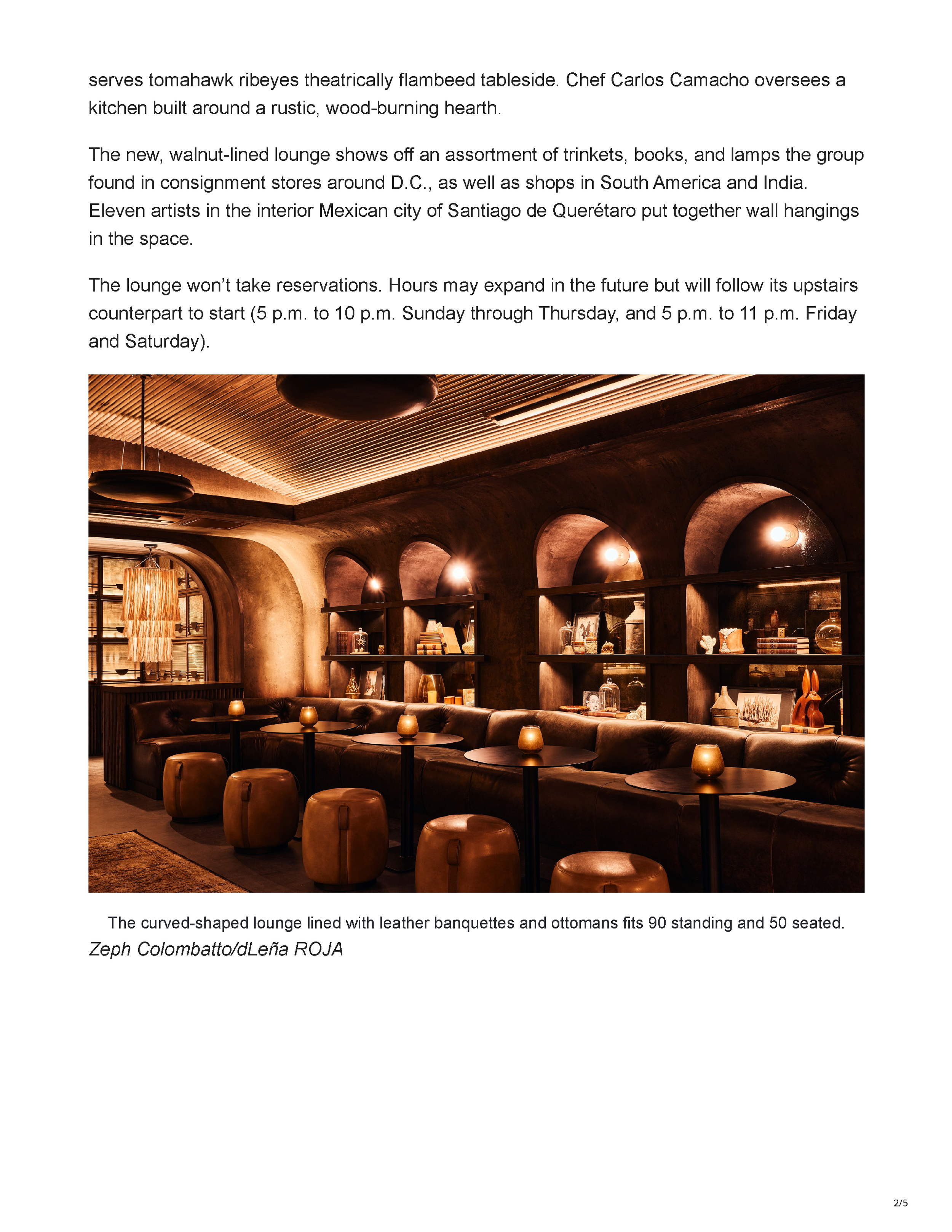 Second page of the Eater DC feature showing dLeña ROJA’s curved leather banquettes, ottomans, illuminated ceiling and arched display niches.