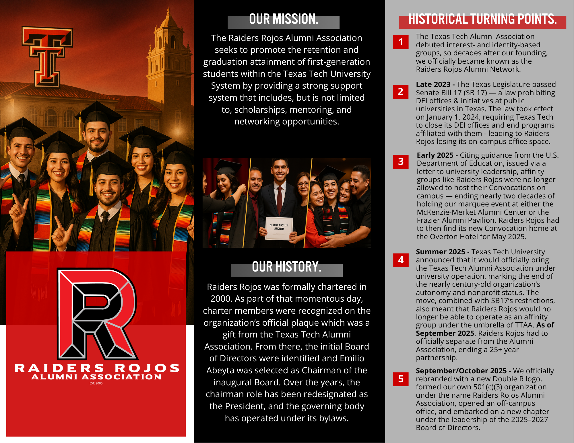 Brochure for Raiders Rojos Alumni Association with photos of graduates in caps and gowns, a Texas Tech University building with a sunset in the background, and a red Texas Tech logo. The brochure details the organization's mission, history, and key turning points from 2000 to 2025.