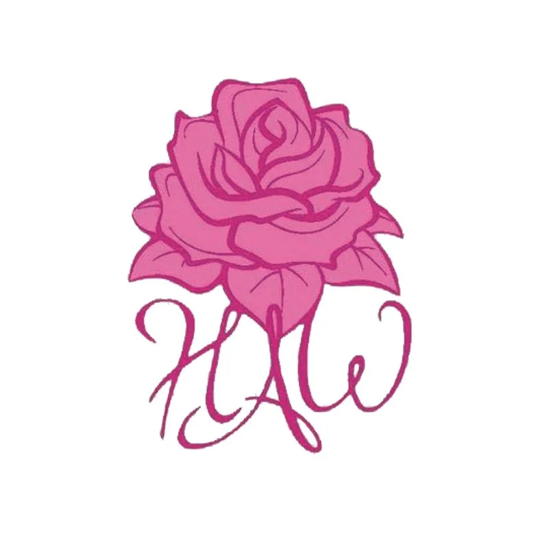 A pink line drawing of a rose with cursive handwriting underneath.
