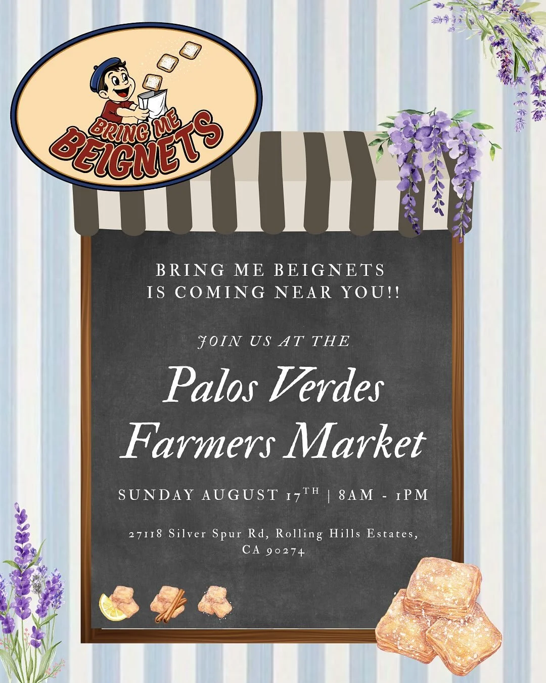 ✨ We&rsquo;re making our Palos Verdes Farmers Market debut this Sunday, August 17th! ✨
Bring Me Beignets is serving up authentic French beignets, hand-crafted with love by Mama Chef 🥐✨ &mdash; light, airy, and impossible to resist.

Choose from two 