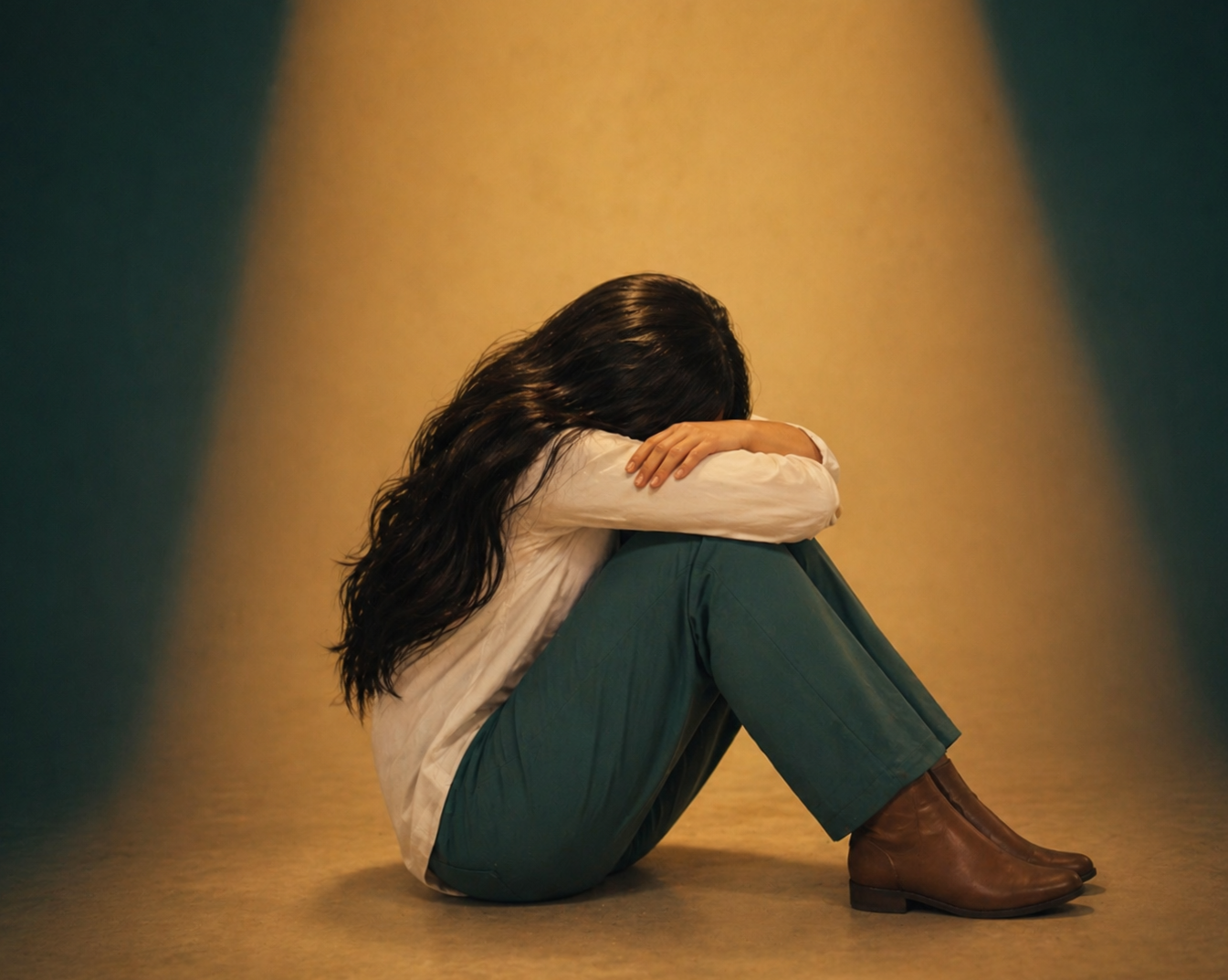A depressed woman sitting on the floor crying