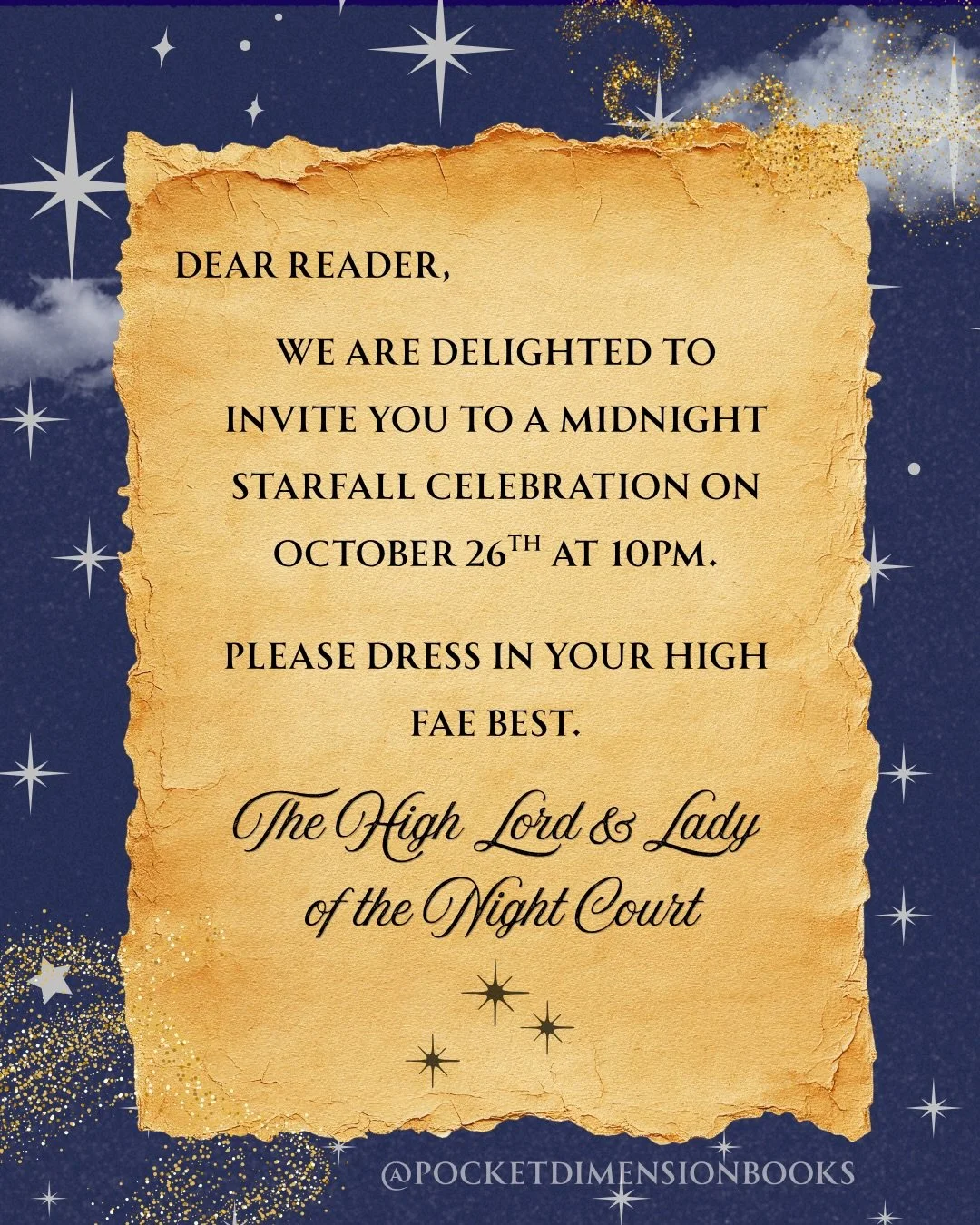 You are cordially invited to attend Starfall at Pocket Dimension Bookshoppe in celebration of the Midnight Release of &ldquo;A Court of Splintered Harmony&rdquo; on Oct 26! 

More details to come but we&rsquo;re excited for this one 👀👀 So keep an e
