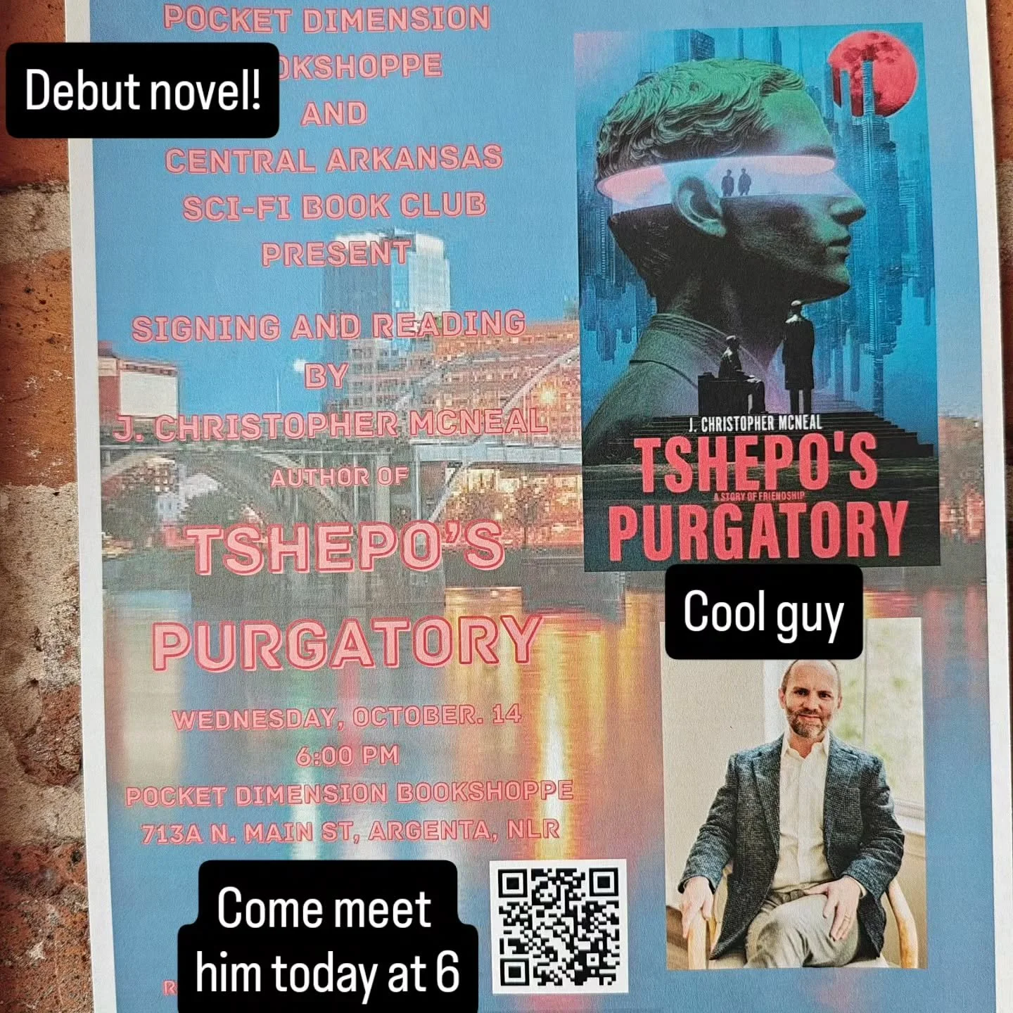 Devin here. Come by around 6 today and meet Chris McNeal and pick up his new book, Tshepo's Purgatory. Please come by, say hi, and enjoy his debut novel!
