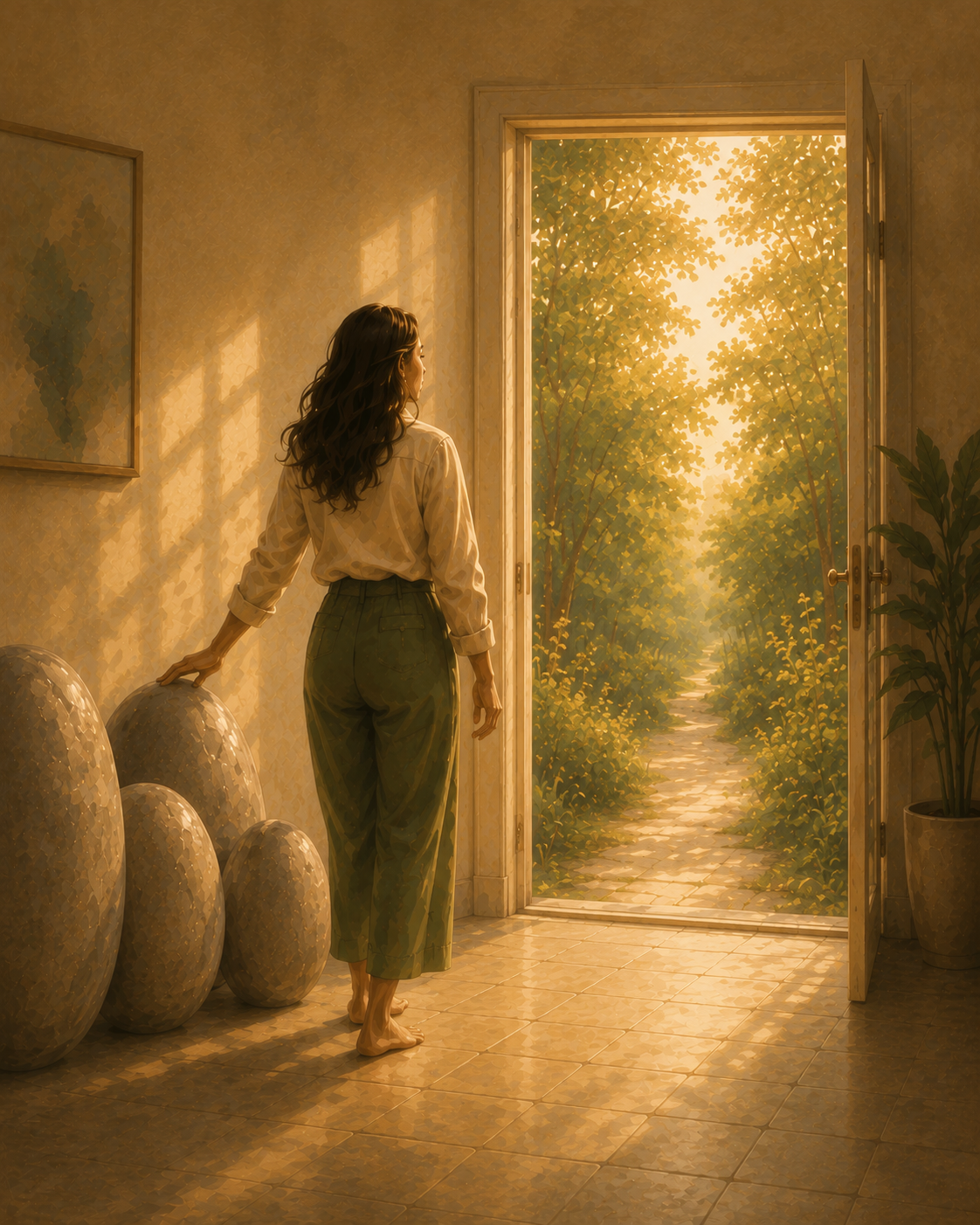 Woman setting down her burdens.