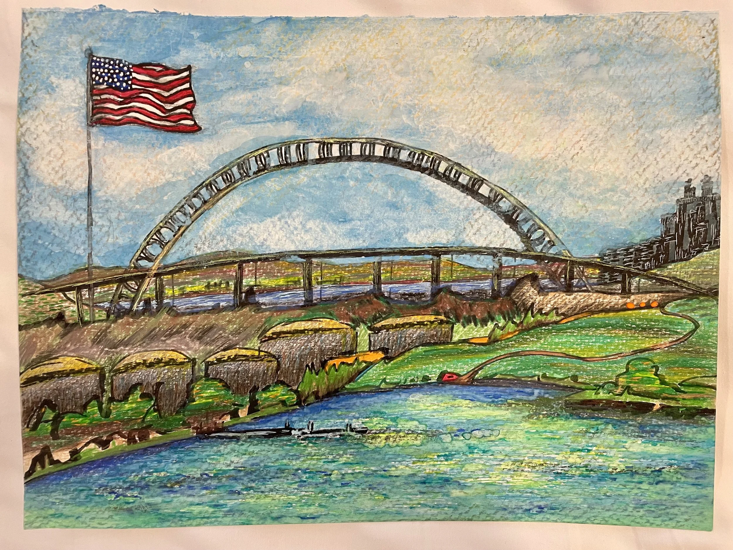 Colorful watercolor drawing of the Seattle skyline featuring the Seattle Great Wheel, an American flag, a river, and green hills.
