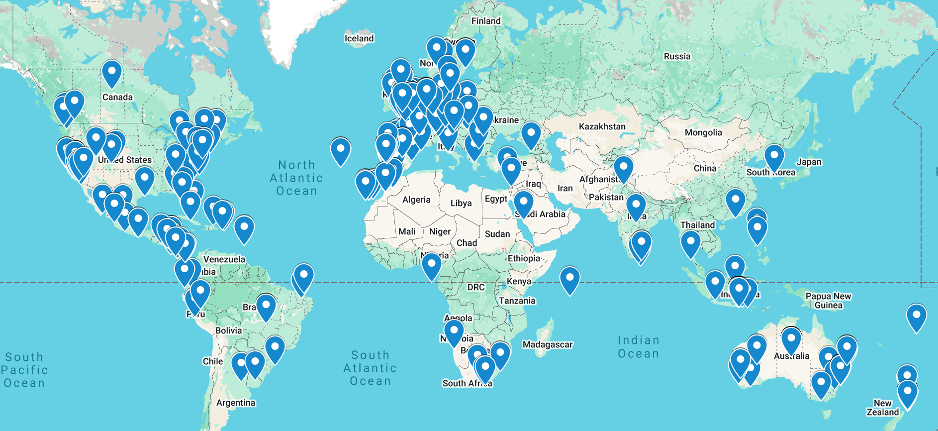 A screenshot of a world map showing all the locations of the surfpreneurs members across the globe