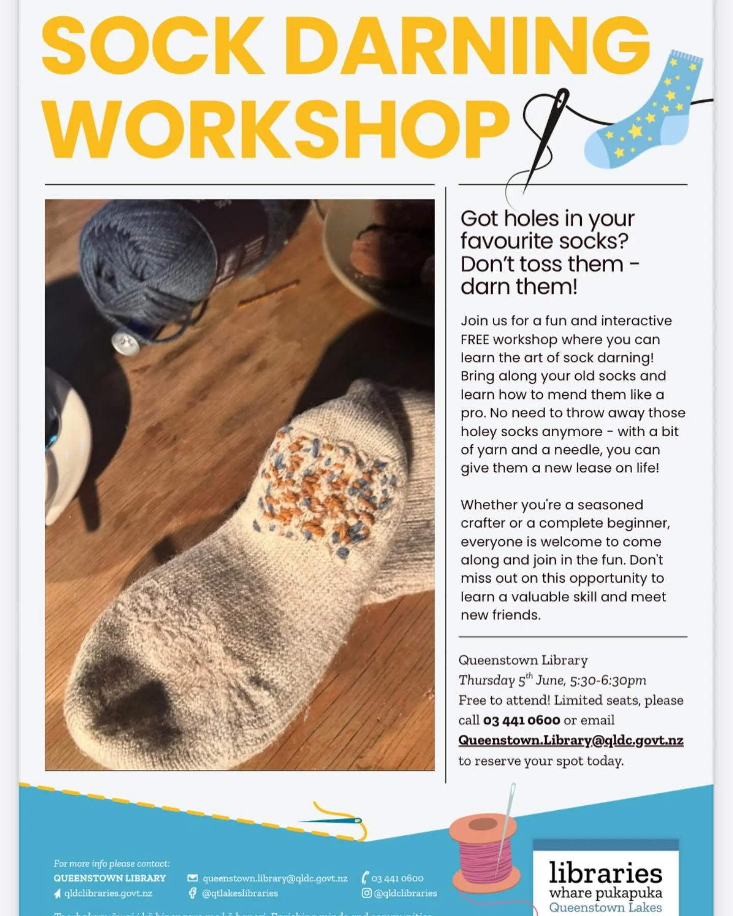 Come and join me this Thursday @qldclibraries 

The weather is definitely calling for it ! Bring out your winter socks the once that you love and that are so warm and cozy .. but they may have a few holes in them.. let&rsquo;s get them repaired so yo