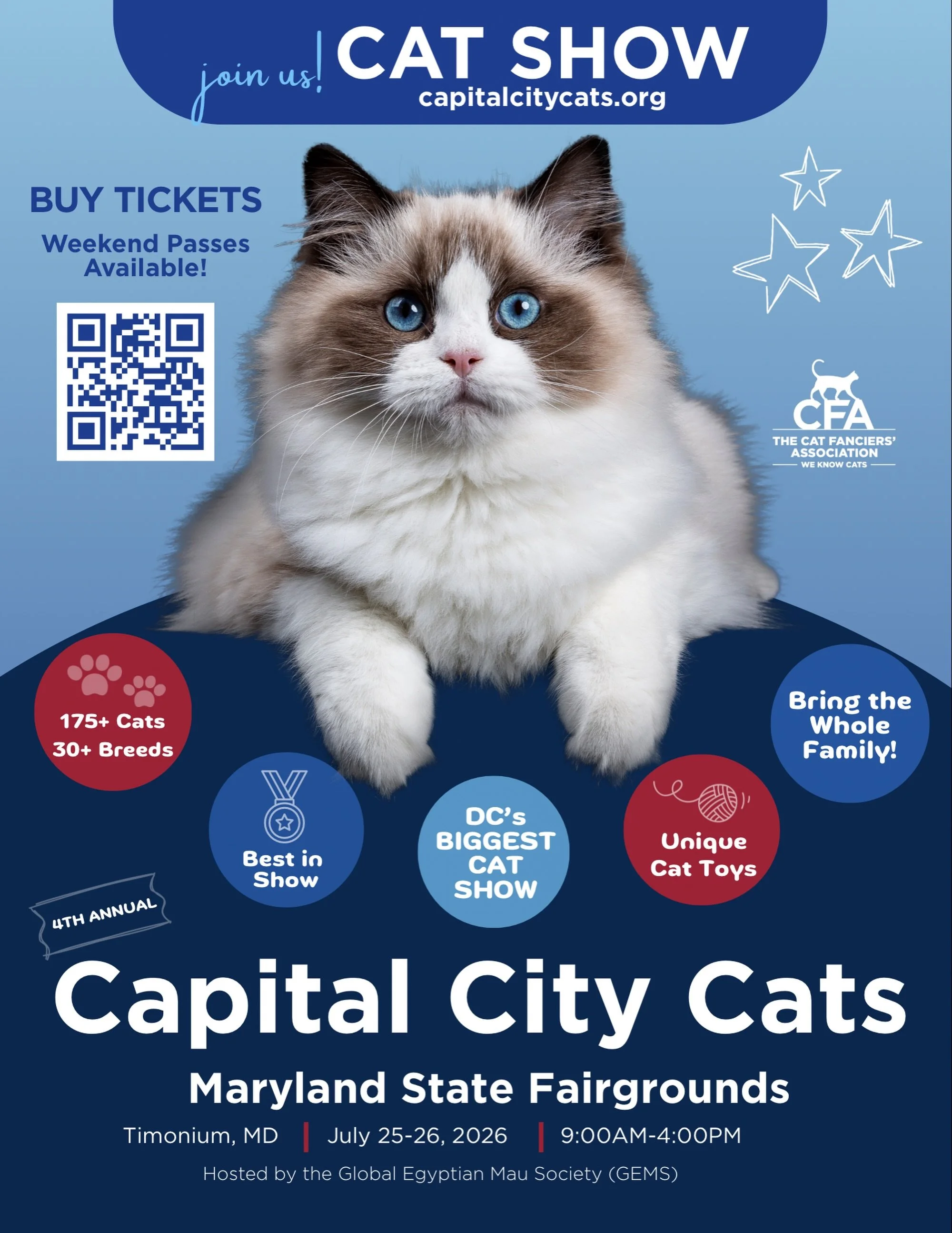 We are excited to announce that Capital City Cats is BACK for our annual show July 25-26, 2026 at the Maryland State Fairgrounds in Timonium, MD. Capital City Cats is one of the largest cat shows in the Washington, DC area and on the east coast. We a