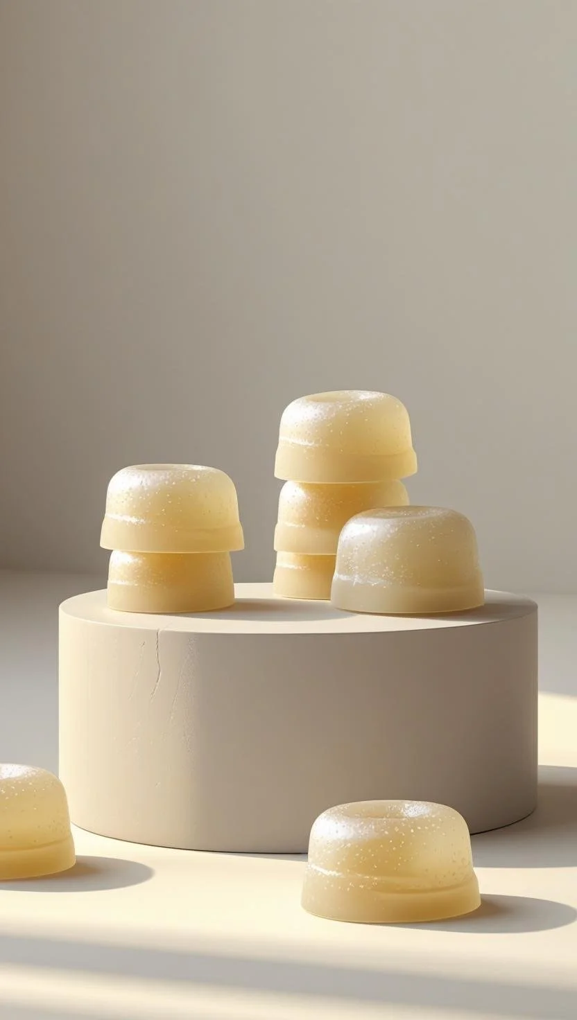 A minimalist display of six white, rounded soap bars with a slightly translucent appearance, arranged on a cylindrical stand and a flat surface against a plain, neutral background.
