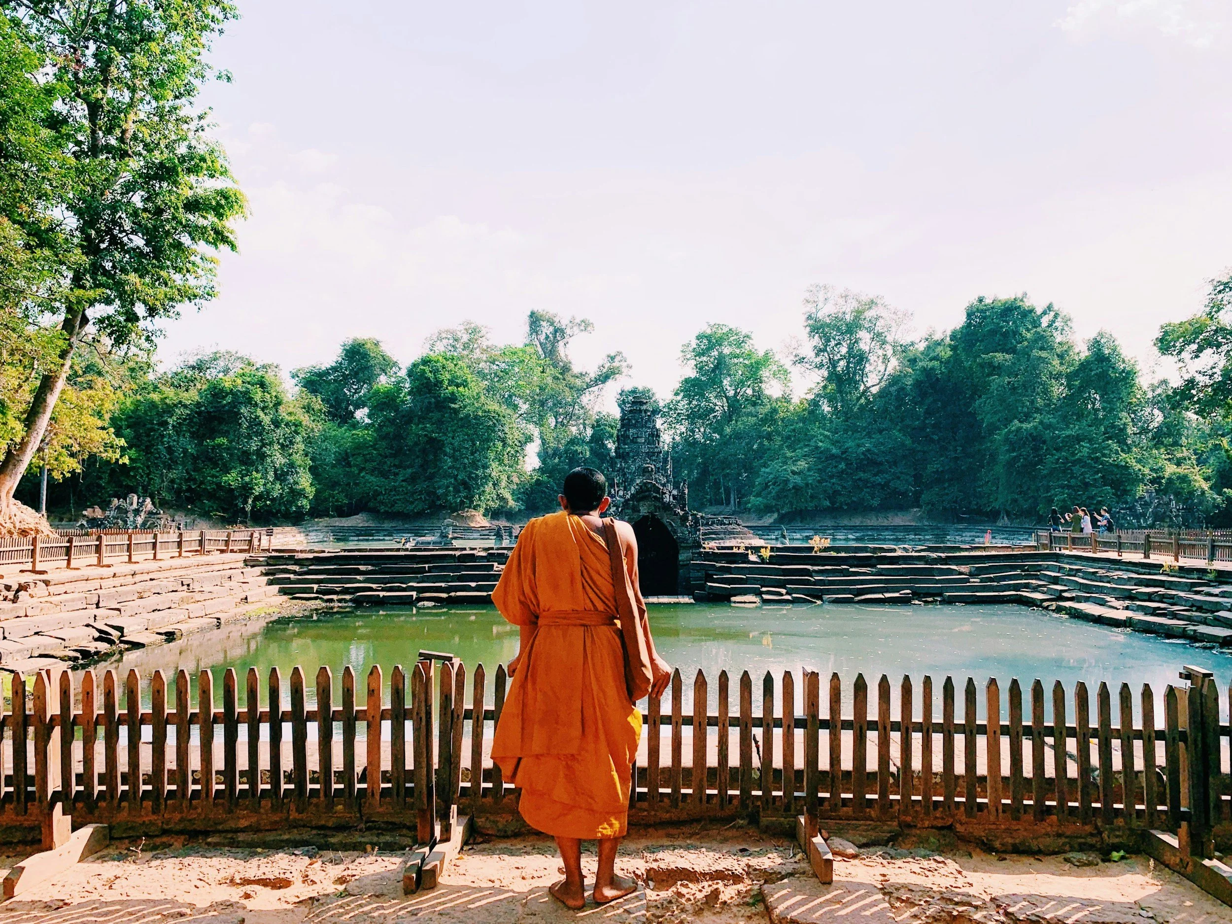 A monk standing by a pond at an ancient temple, surrounded by lush green trees.