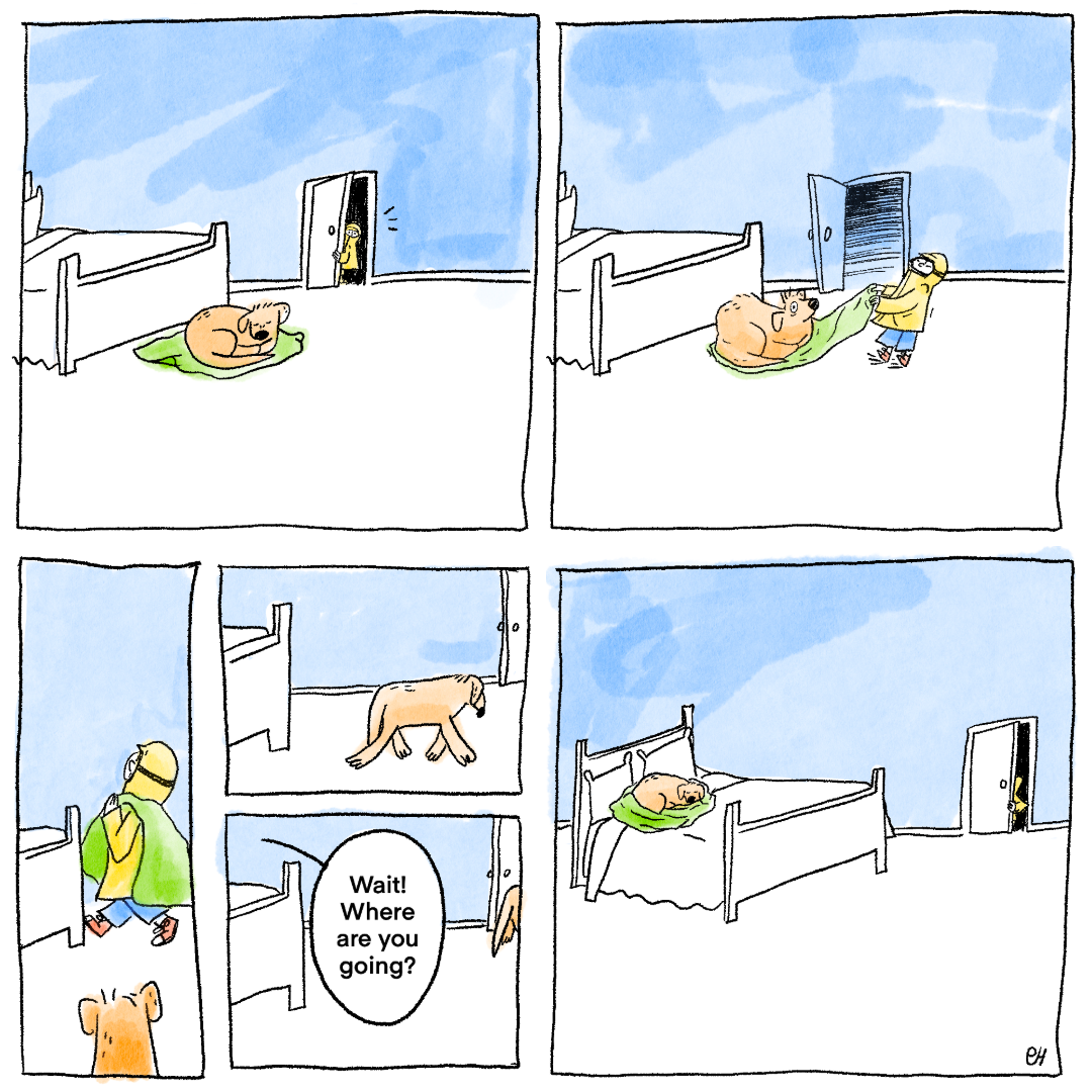 The comic strip depicts a humorous, and heartwarming scenario where a child attempts to relocate a sleeping dog from the floor to the bed. The child, bundled in a yellow raincoat, looks to be struggling to pull a green blanket out from under the dog,