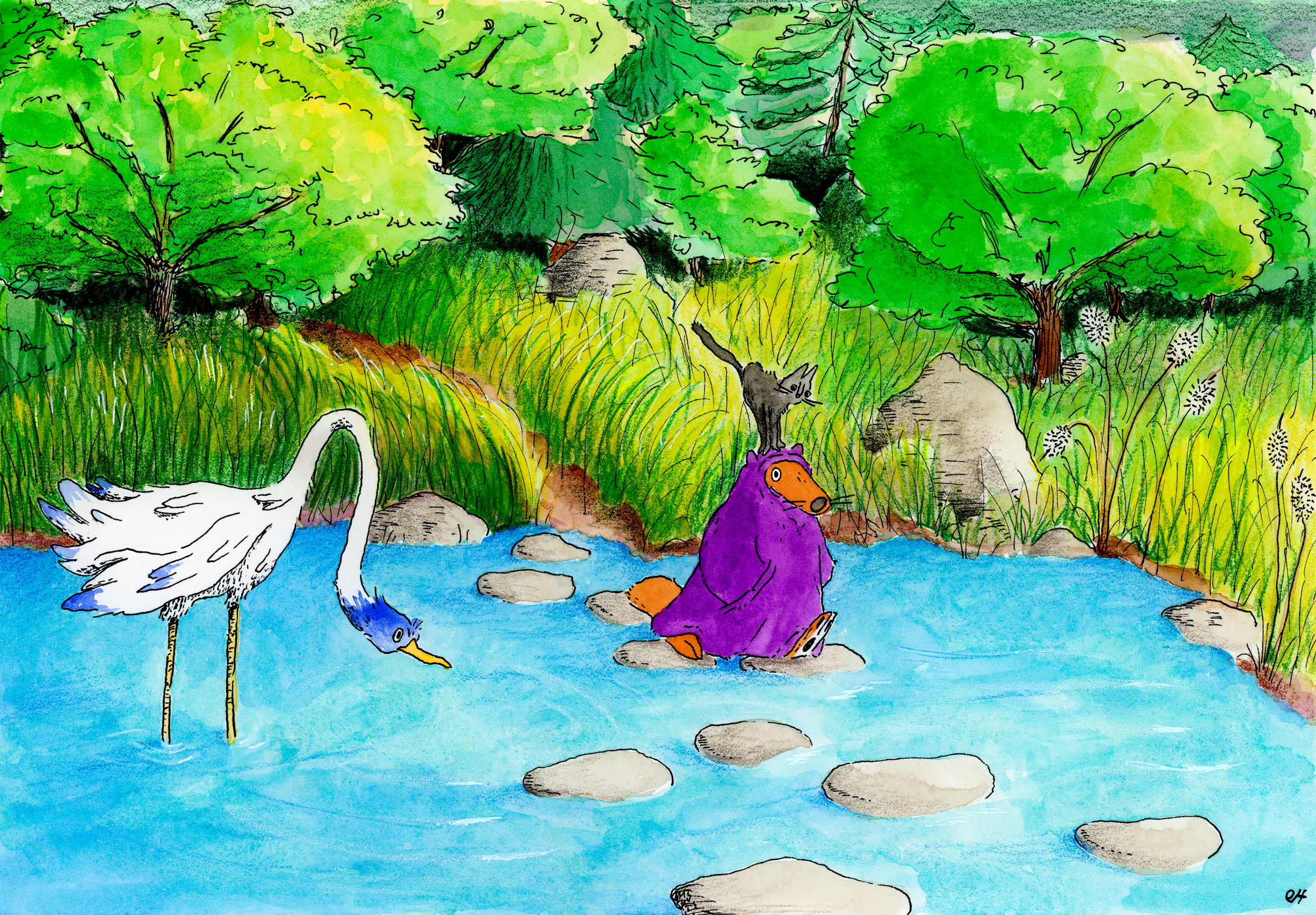 This image depicts a charming, illustrated natural landscape featuring a tranquil blue body of water. On the left, a graceful white bird, possibly a heron or crane, stands with its long legs submerged in the water. This bird has distinctive blue mark